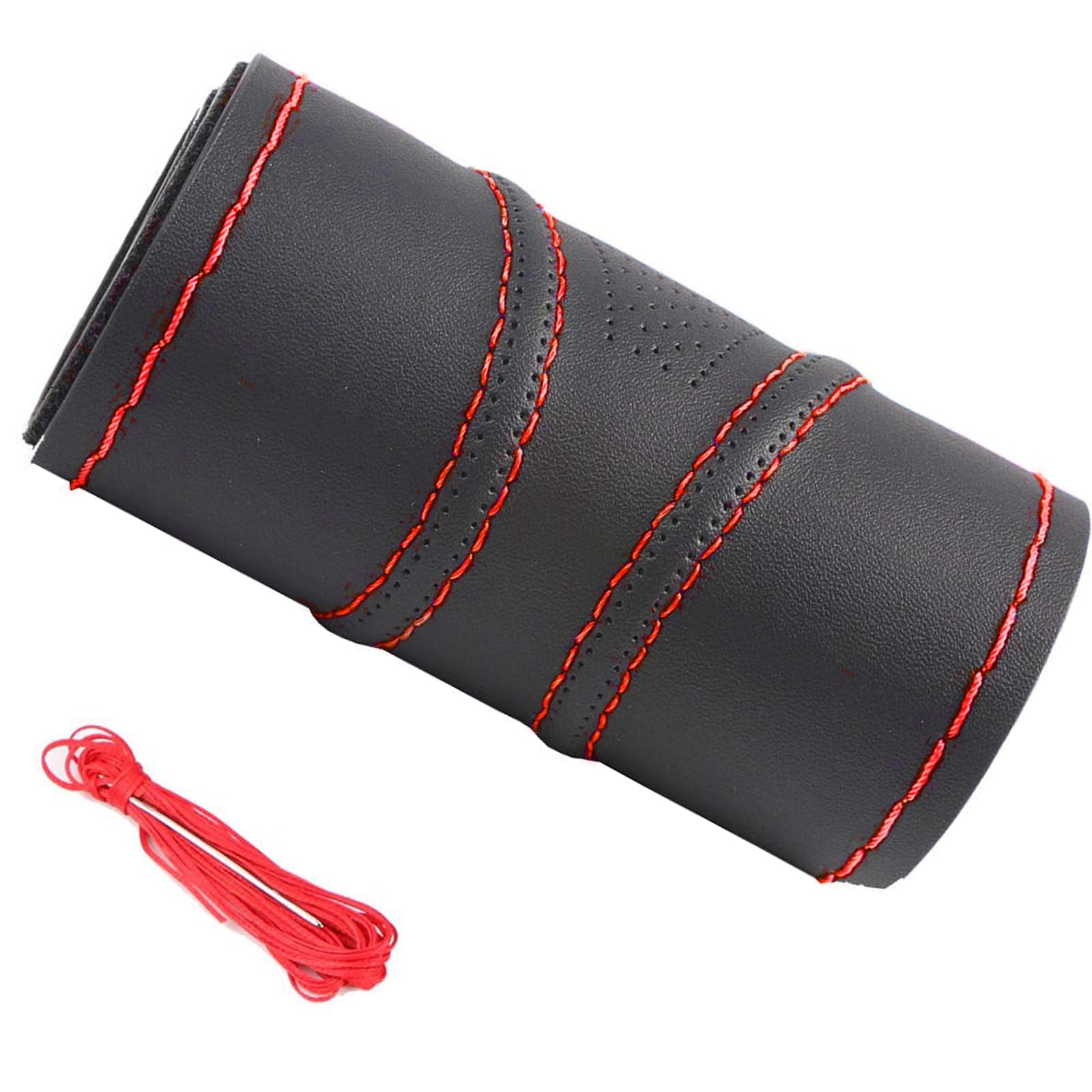 15 Inch Universal Micro Fiber Leather Car Steering Wheel Cover Stitch On Wrap with Needle & Thread Anti-Slip Auto Steering Cover for Woman DIY Red Line