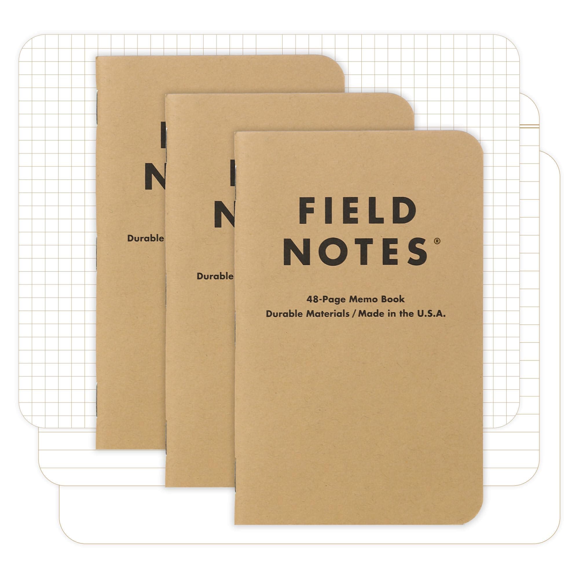 - Field Notes: Original Kraft 3-Pack - Mixed Paper (1 Graph/Grid, 1 Ruled/Lined, 1 Plain/Blank) Memo Books - 48 Page Pocket Notebooks - 3.5" x 5.5"