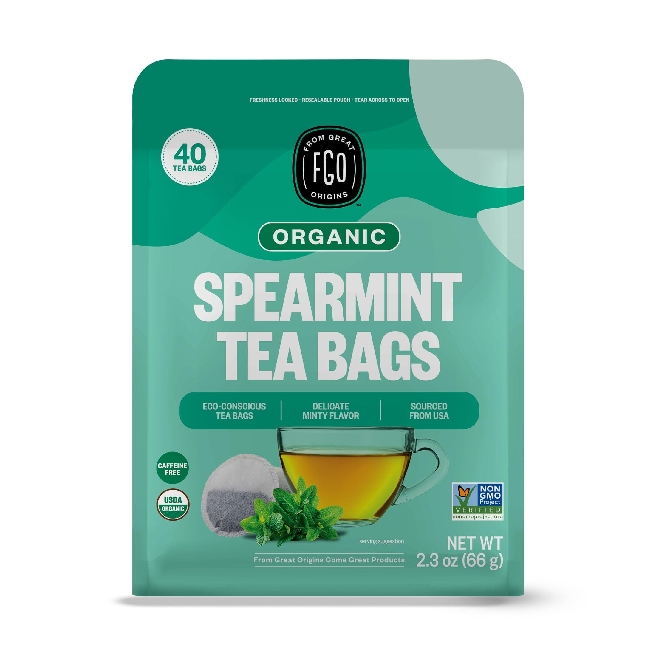 FGO Organic Spearmint Leaf Herbal Tea, 40 Count, Eco-Conscious Tea Bags, Caffeine Free, (Pack of 1)