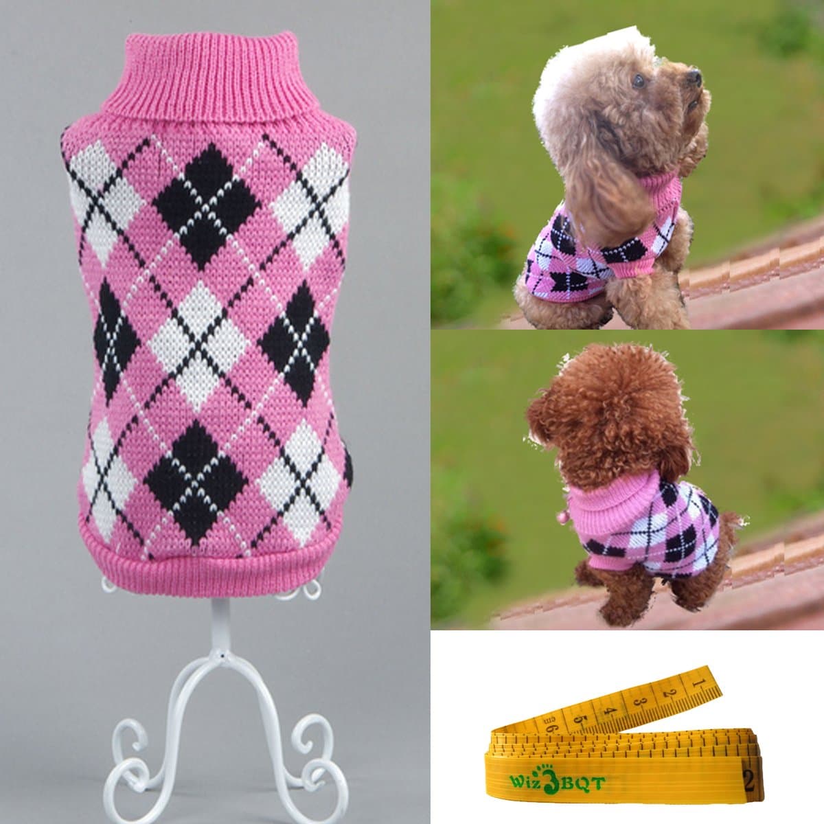 Wiz BBQT Gentle Knitted Turtleneck Chic Argyle Pet Sweater Knitwear for Dogs & Cats