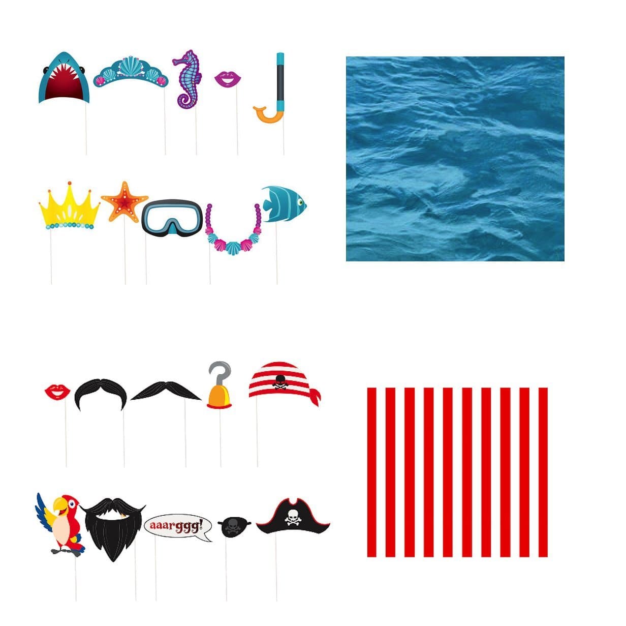 Mermaid and Pirate Party Supplies - Mermaid and Pirate Photo Booth Props with Red Stripe Backdrop and Ocean Under The Sea Backdrop