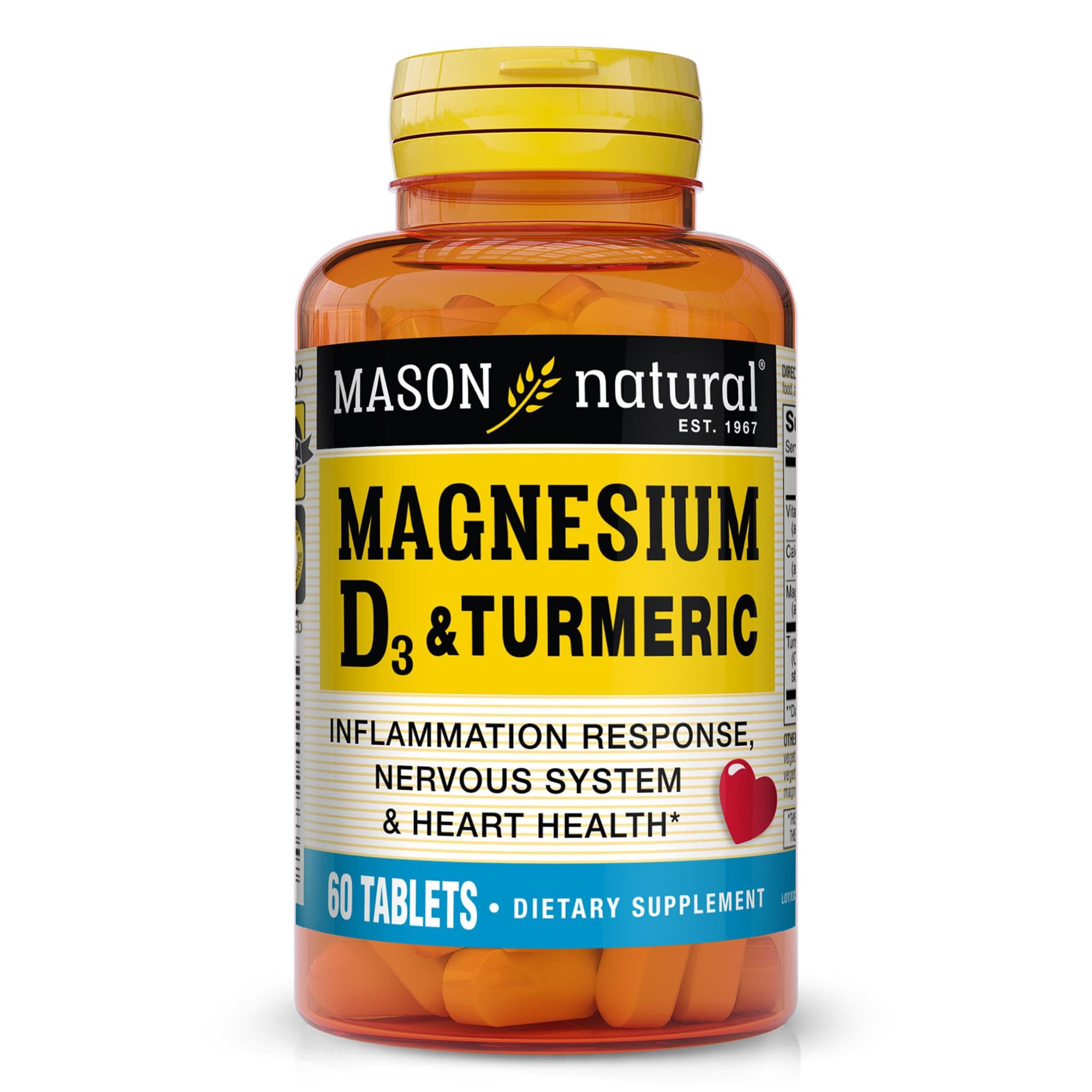 Mason Natural, Magnesium and Vitamin D3 with Turmeric Tablets, 60 Count, Herbal Dietary Supplement with Vitamins, Supports Overall Health and Wellness, Supports Heart and Immune Health