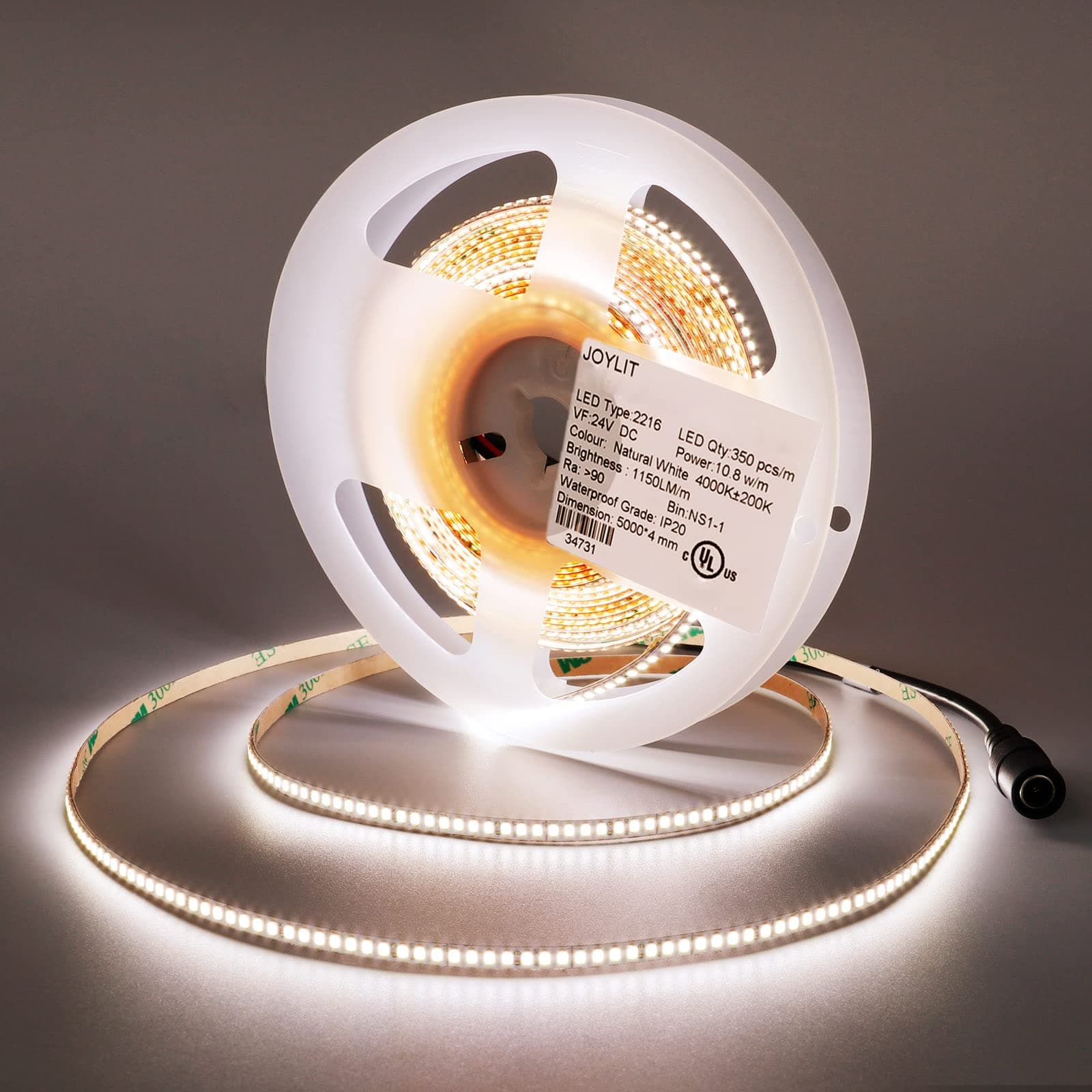 JOYLIT 4mm Witdh Narrow LED Strip Lights Natural White 4000K, UL Listed 24V CRI 90+ 16.4ft 5600lm Bright Dimmable Tape Light, Strong Adhesive 1750LEDs 2216 Strips Lighting for TV, Mirror, Furniture