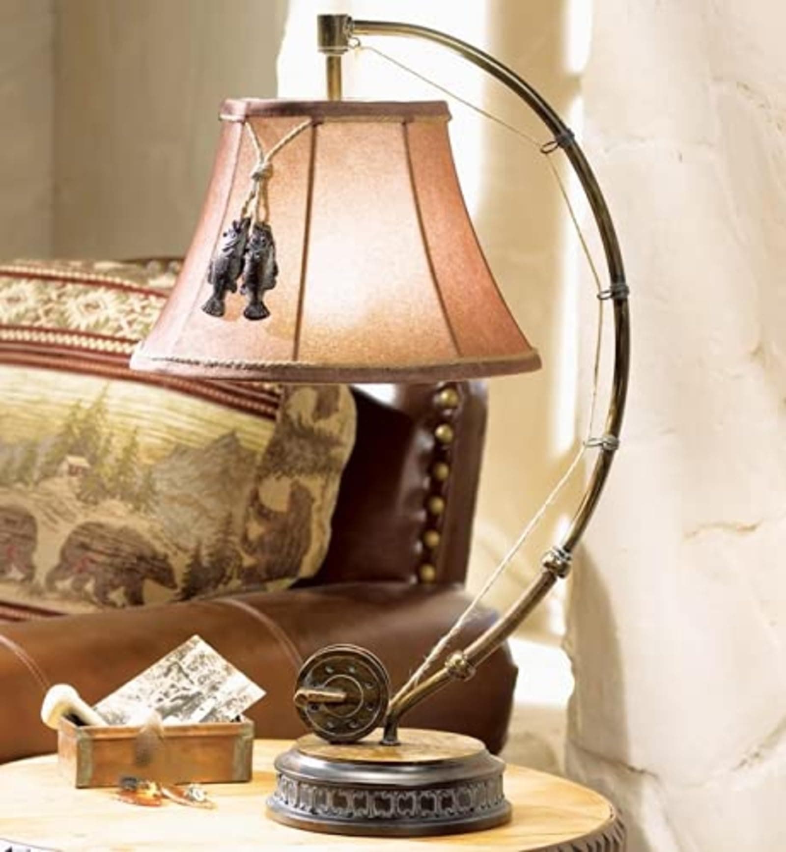 BLACK FOREST DECOR - Fishing Reel Table Lamp with Faux Moleskin Shade - Perfect Cabin & Lodge Decor - 28" x 15" x 13"