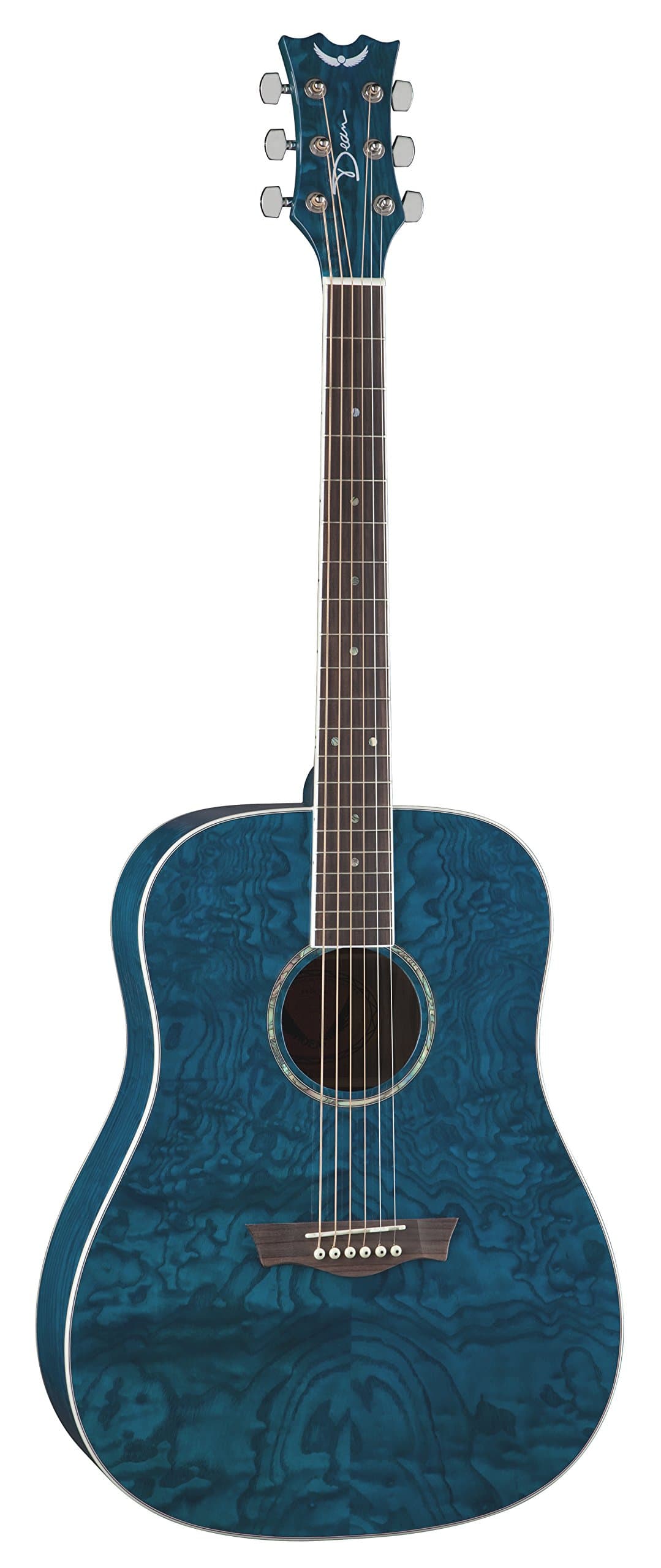 Dean AX DQA TBL Dread Quilt Ash Acoustic Guitar, Trans Blue