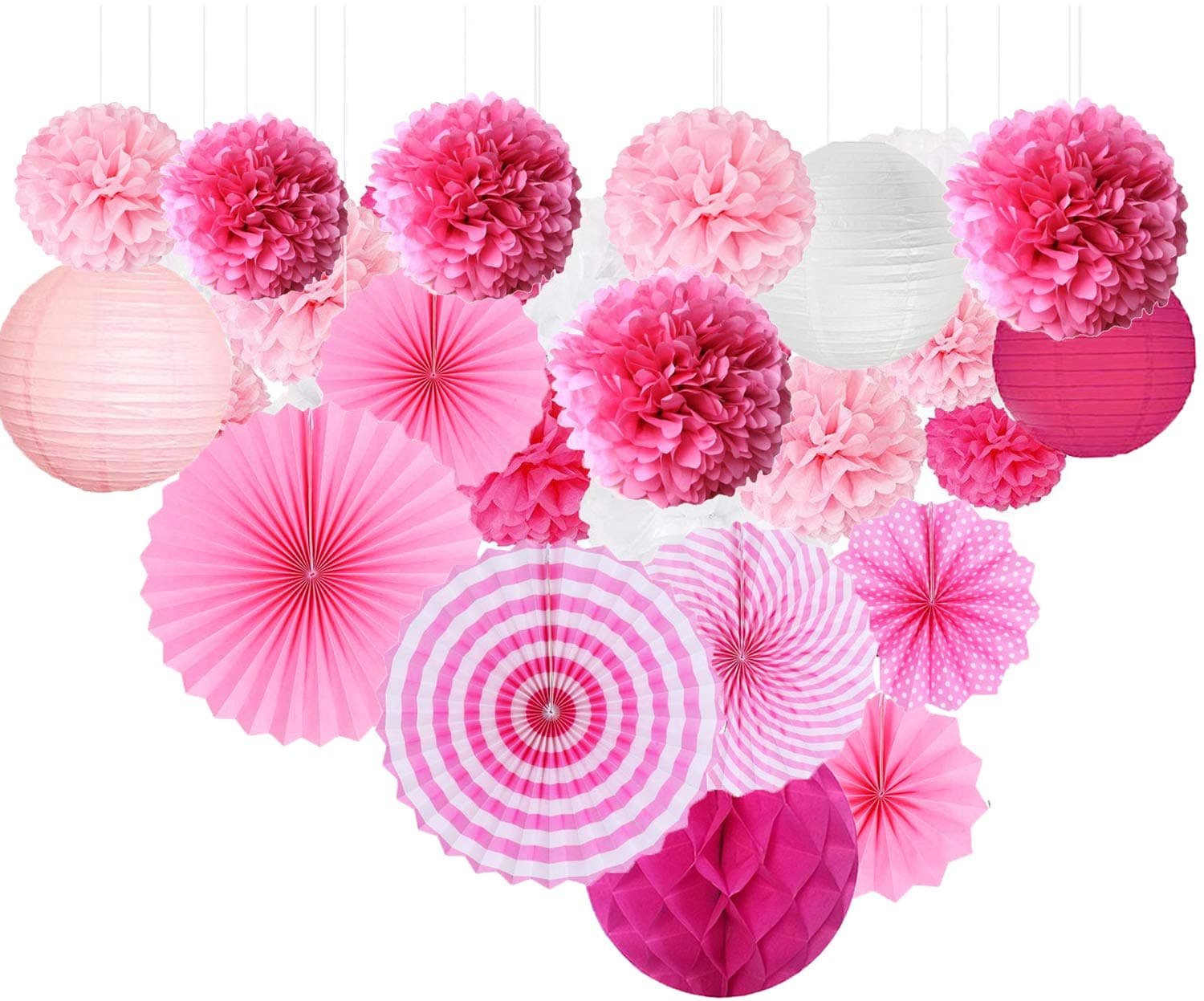 Pink Paper Party Decoration kit - Tissue Paper Pom Poms Lantern Fans Set, Wall Hanging Gift for Wedding Bridal Shower Birthday Valentines Day Home Table Centerpiece Office Buffet Supplies Background