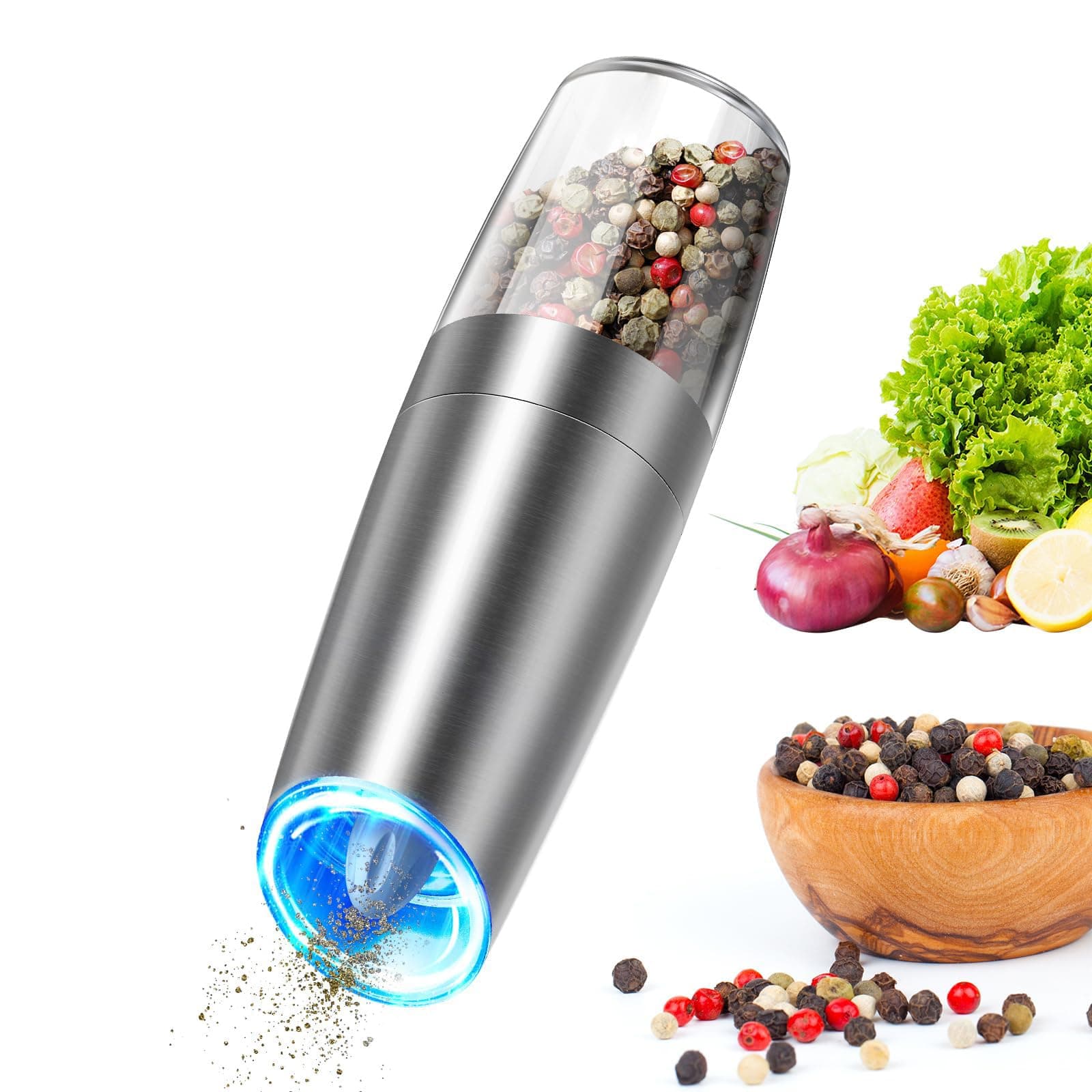 CIRCLE JOY Gravity Electric Pepper Grinder Battery Operated Pepper Mill Electric with White LED Light, Adjustable Coarseness, Washable 135ml Container, Silver