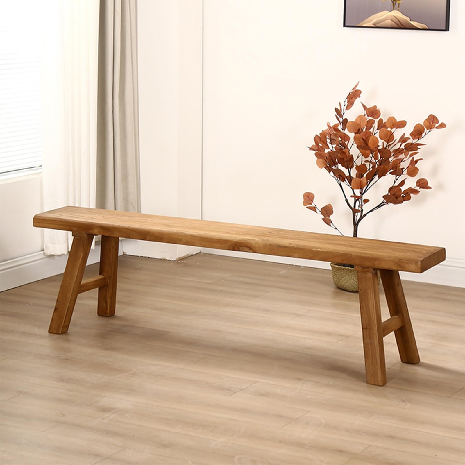 Farmhouse Indoor Wooden Living room Dining Bench, Asian Natural Wood Kitchen Entryway Bench with Armless Design and Short Height, Solid Wood Shoe Bench Entryway Benches，Brown(80*26*45cm/31.5*10.2*17.7