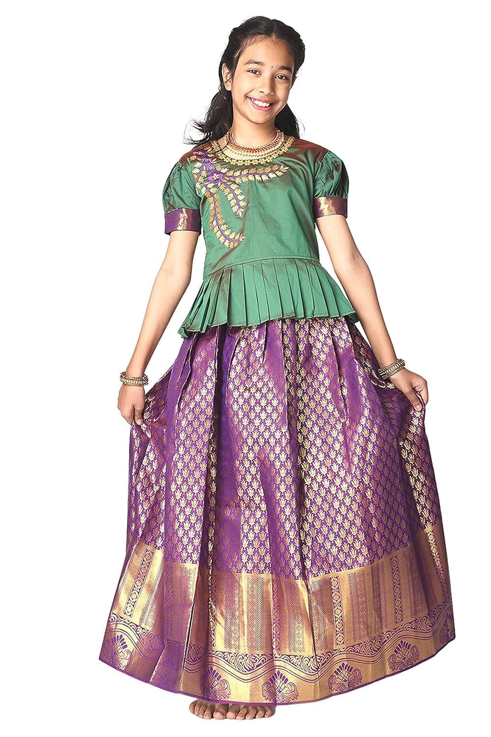 Kids Girls Pattu Pavadai | Lehenga Choli Set South Indian Traditional Wide Zari Border Embroidered Jacquard weave Ethnic Wear Red, Pink, Violet, Blue, Green, Sizes 1 to 10 Years