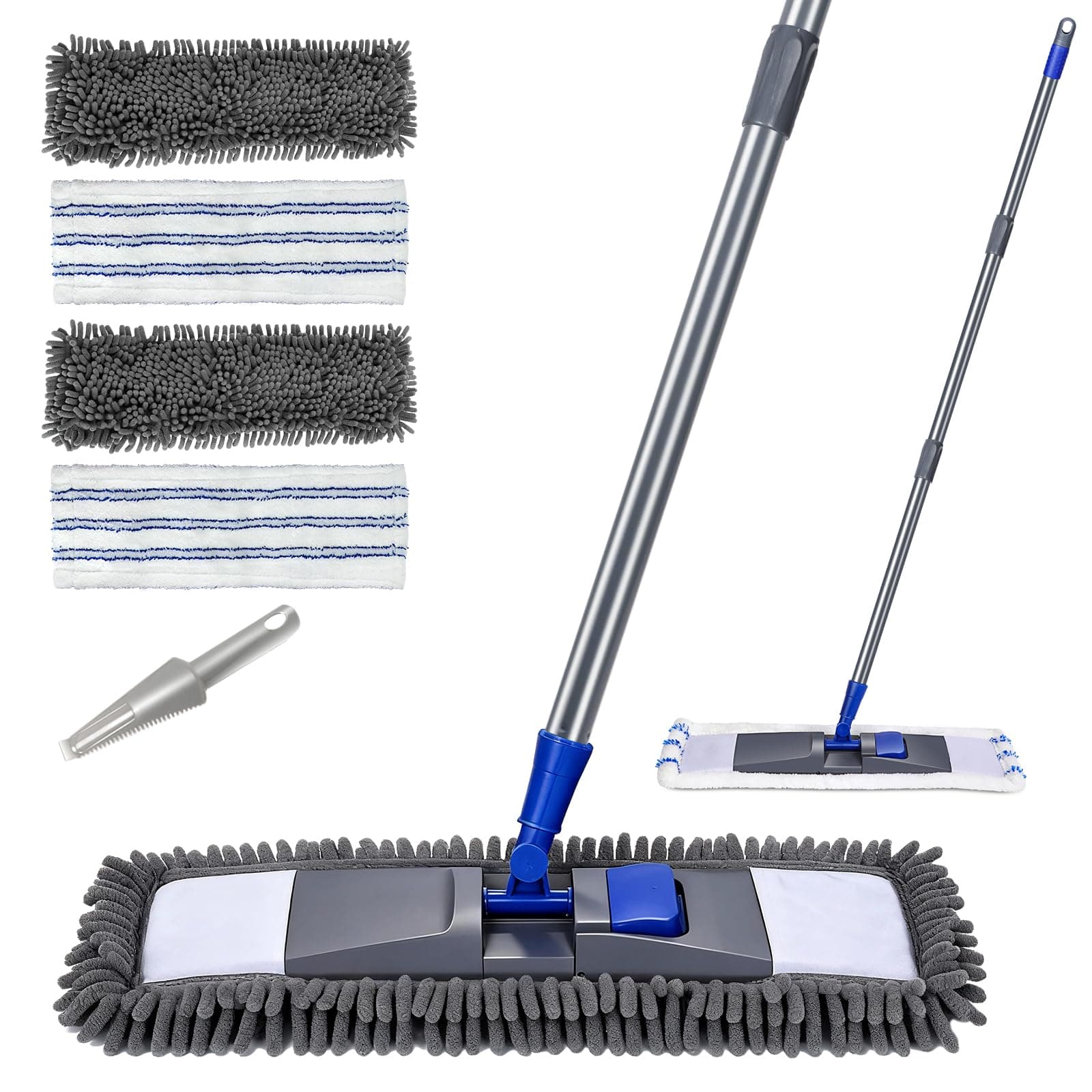 Microfibre Mop, Flat Mop with 4 Reusable Pads, Long Handled Floor Mops for Hard Laminate Floors, Wet Dry Mops for Wall Kitchen Office, Send 1 Cleaning Scraper