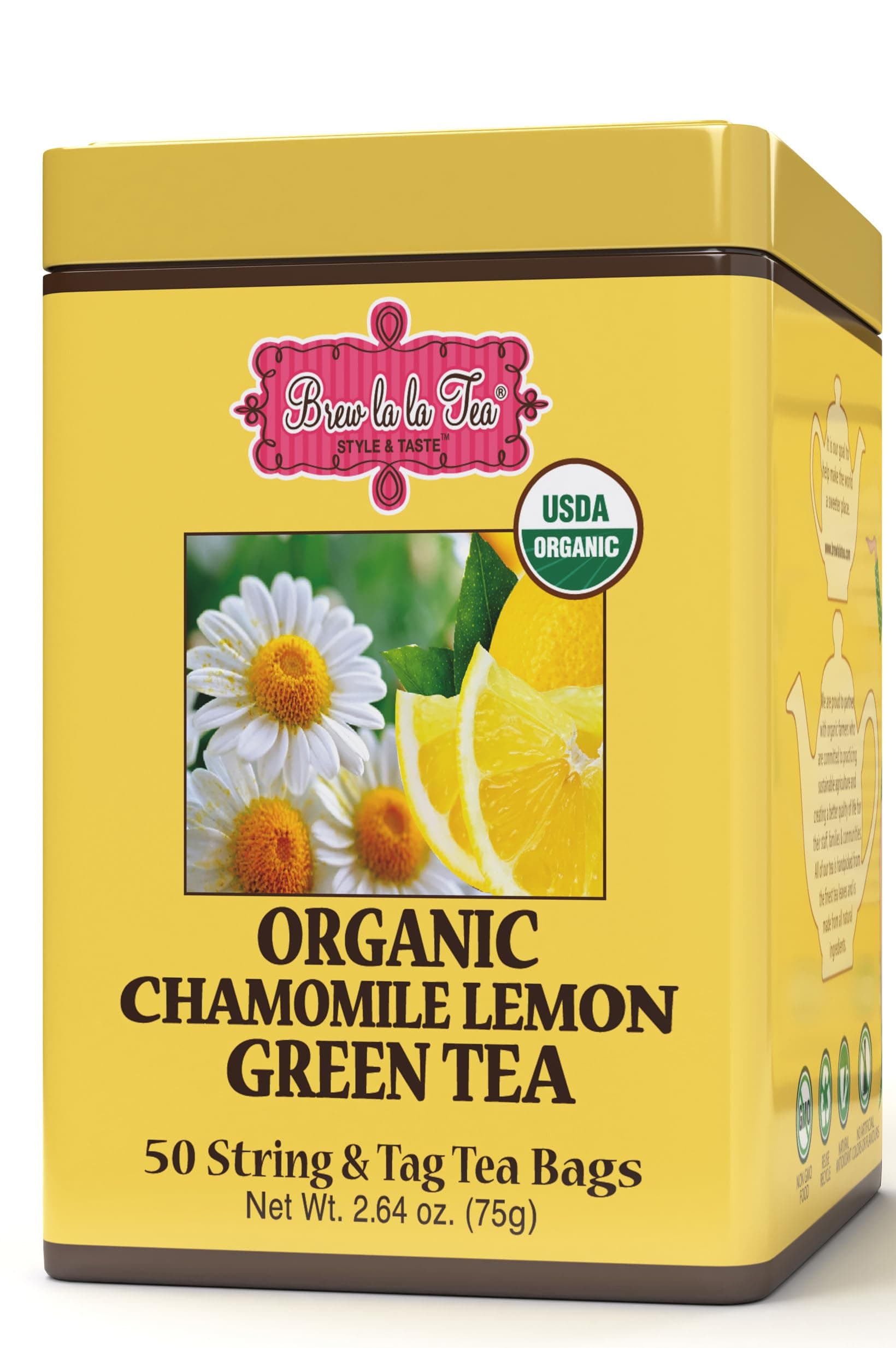 Brew La La Organic Green Tea - Natural Chamomile Lemon Flavor - 50 Double Chambered Tea Bags - Low Caffeine - USDA Certified Organic - NonGMO - Gluten Free