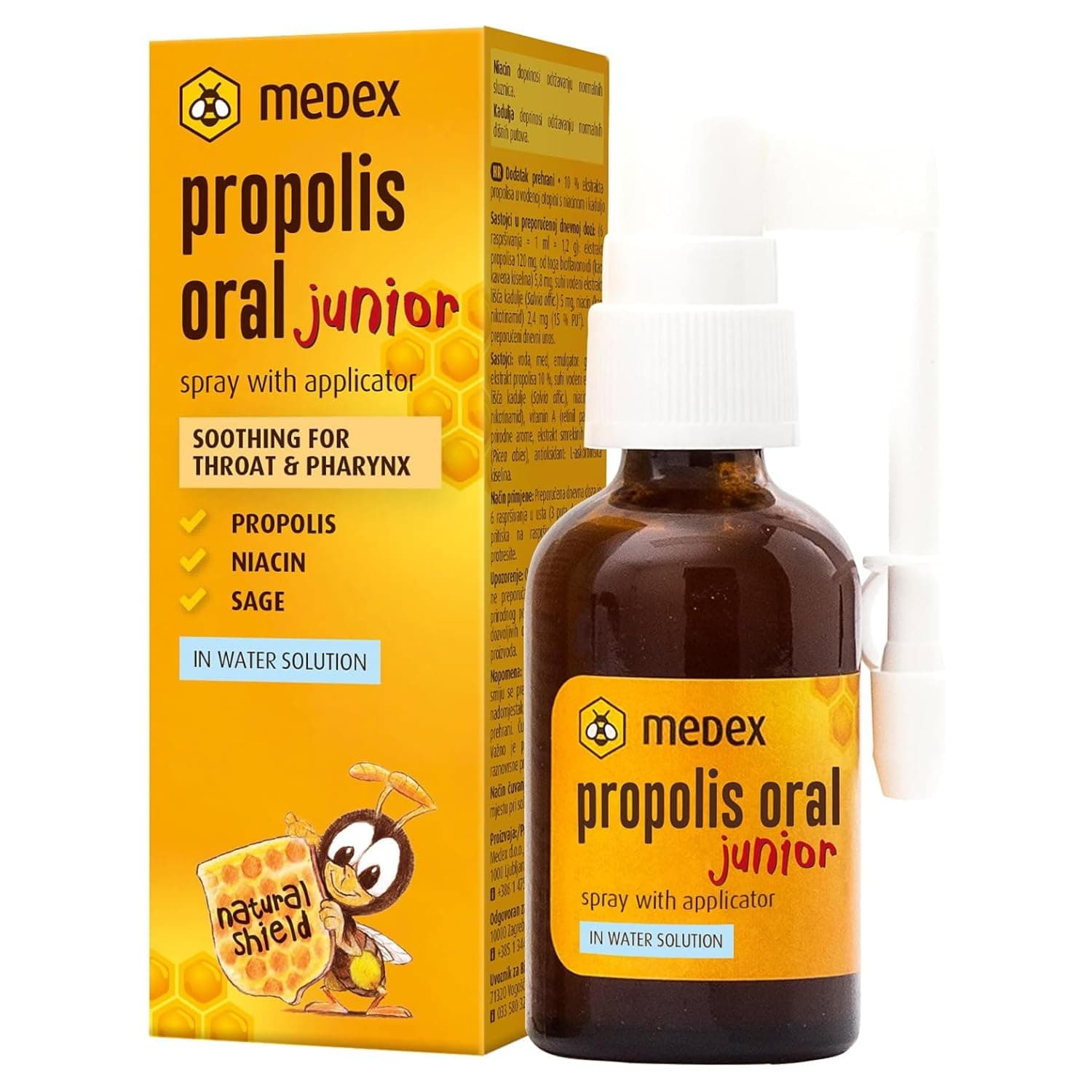 Medex Propolis Oral Junior, Mouth and Throat Spray, Water Based, Alcohol Free; Added Honey, Sage, Niacin, Spruce Tips, with Applicator, Children 3+, 30 ml