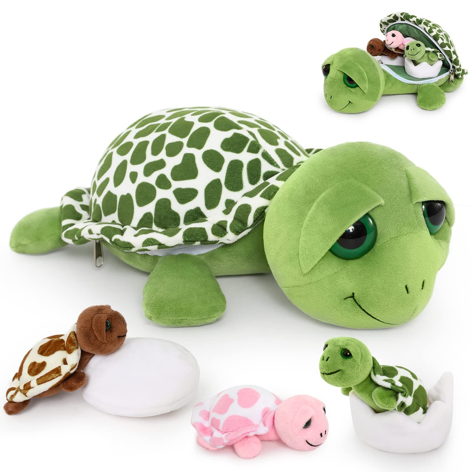 MorisMos Sea Turtle Stuffed Animal with Babies, 14'' Mommy Stuffed Turtle with 3 Babies & 2 Plush Eggs in Tummy, Big-Eyed Sea Tortoise Toys for Kids Toddlers,Sea Stuffed Animals,Tortoise Plush Pillow