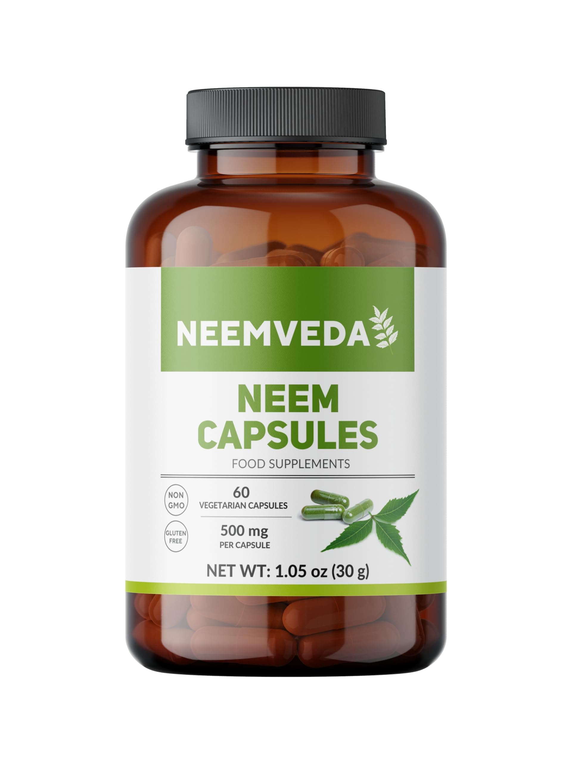 Pure Neem Capsules 60 nos, 500 mg, 100% Natural, Vegan, Gluten Free, Fresh-Ground Whole Food