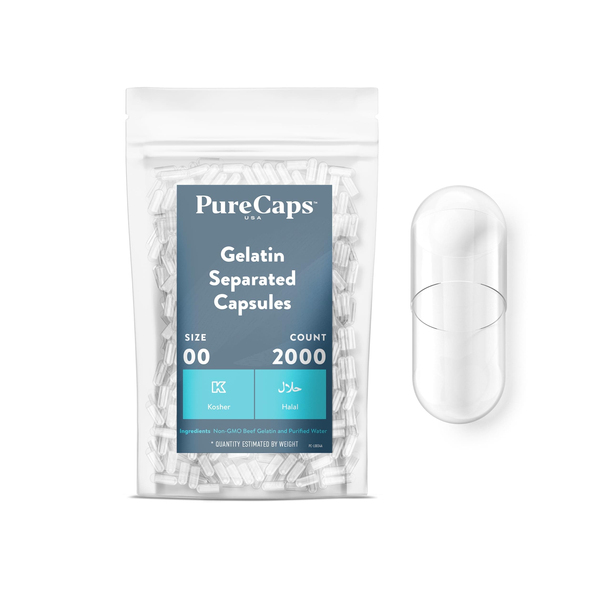 PureCaps USAEmpty Gelatin Capsules Size 00| 2,000 Separated Pills| Clear| Non-GMO Certified| SLS, Gluten, Preservative Free