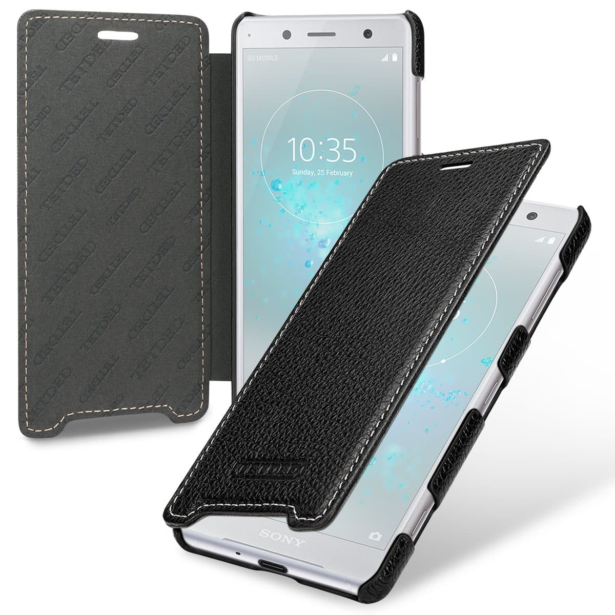 Premium Genuine Leather Case for Sony Xperia XZ2 Compact H8314 H8324 Dual SIM, Book Type, Dijon II (Black)