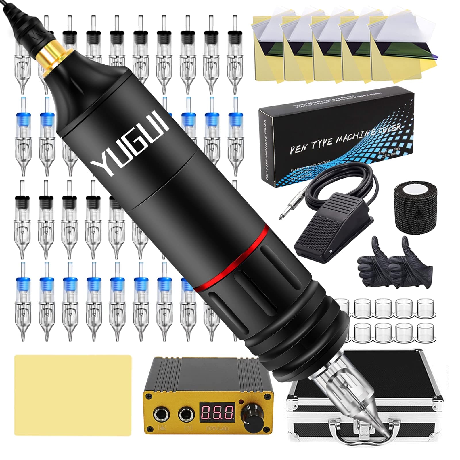 YuguiTattoo Kit with Tattoo Rotary Pen - Tattoo Machine Kit with 1PC Tattoo Power Supply and 5PCS Tattoo Stencil Paper Fake Skin 40PCS Tattoo Cartridge Needles RL RS Mixed Size with Tattoo Kit Case