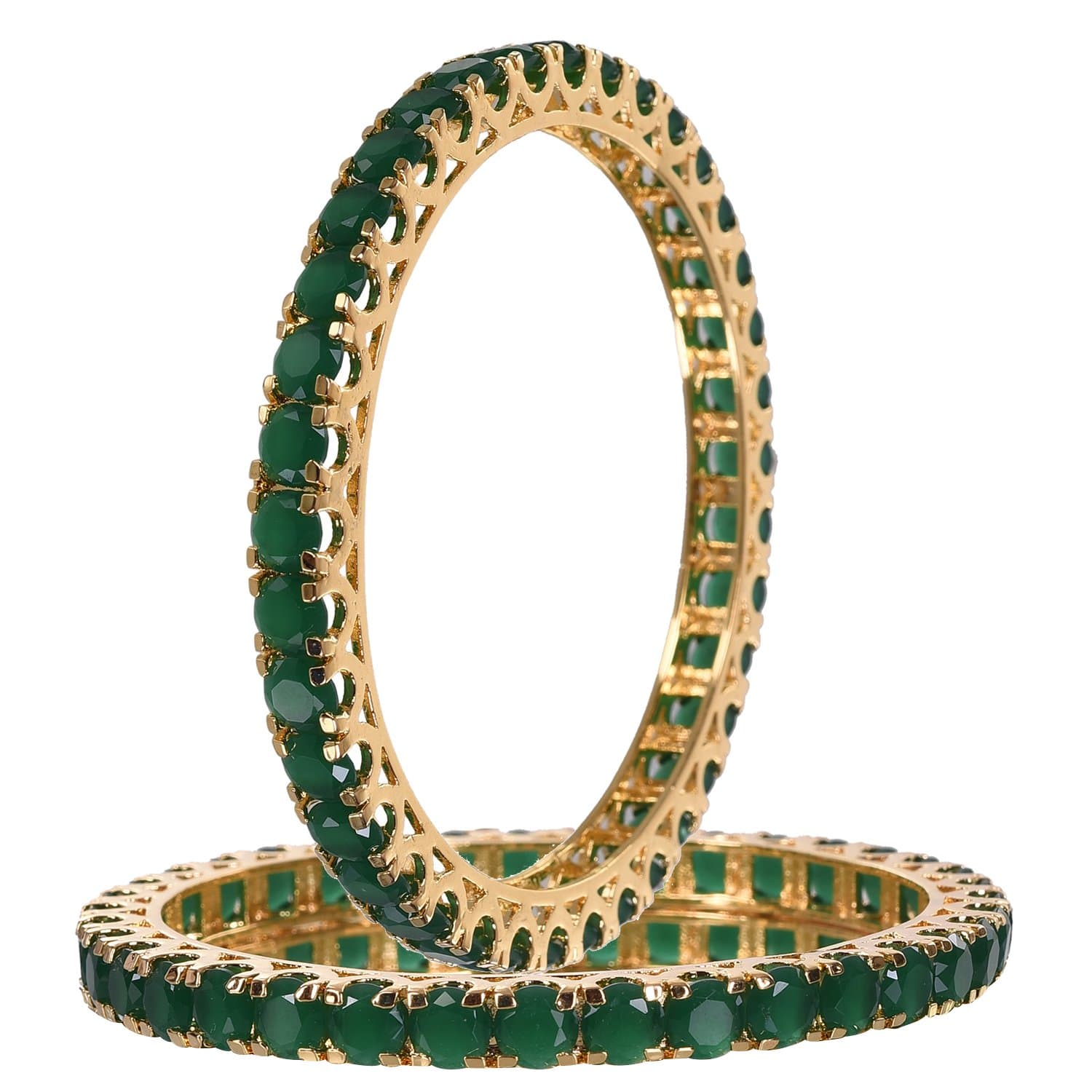 KaleeraAmerican Diamond Studded Gold Plated Traditional Green Emerald Round 6mm CZ/Diamond Bangles for Women/Girls KL1954