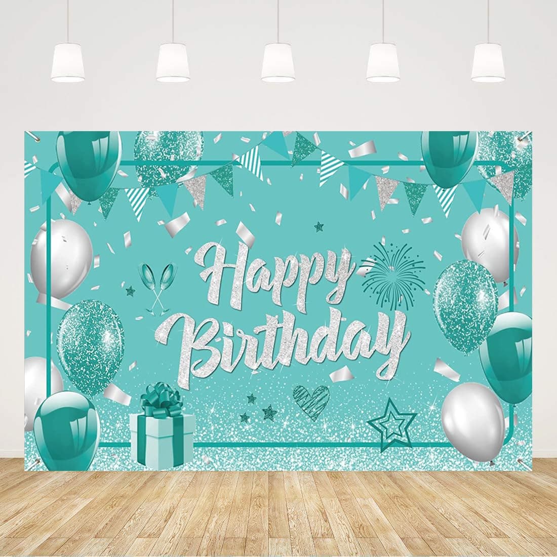 Teal Backdrop Turquoise and Silver Birthday Backdrop Green Birthday Decorations Glitter Mint Blue Party Banner for Girls Boys Birthday Photo Booth Baby Shower Party Supplies 72 X 42 Inch