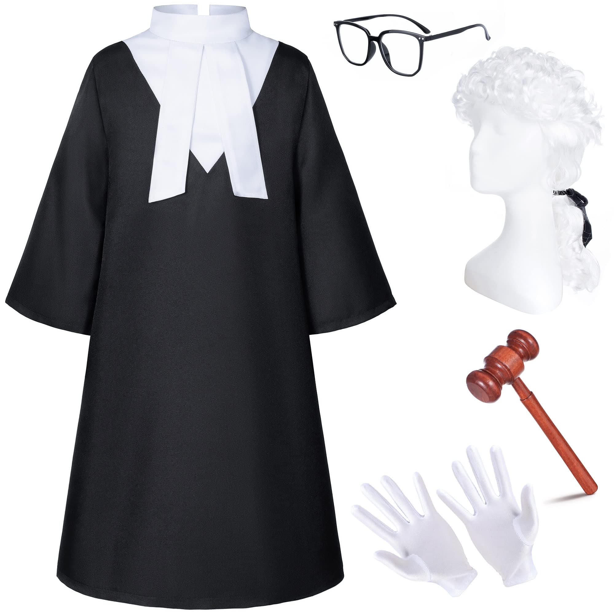 Irtysh Halloween Robe Judge Lawyer Adult Kids Party Graduation Gown Costume Cosplay Wooden Gavel Wig Glasses Gloves set