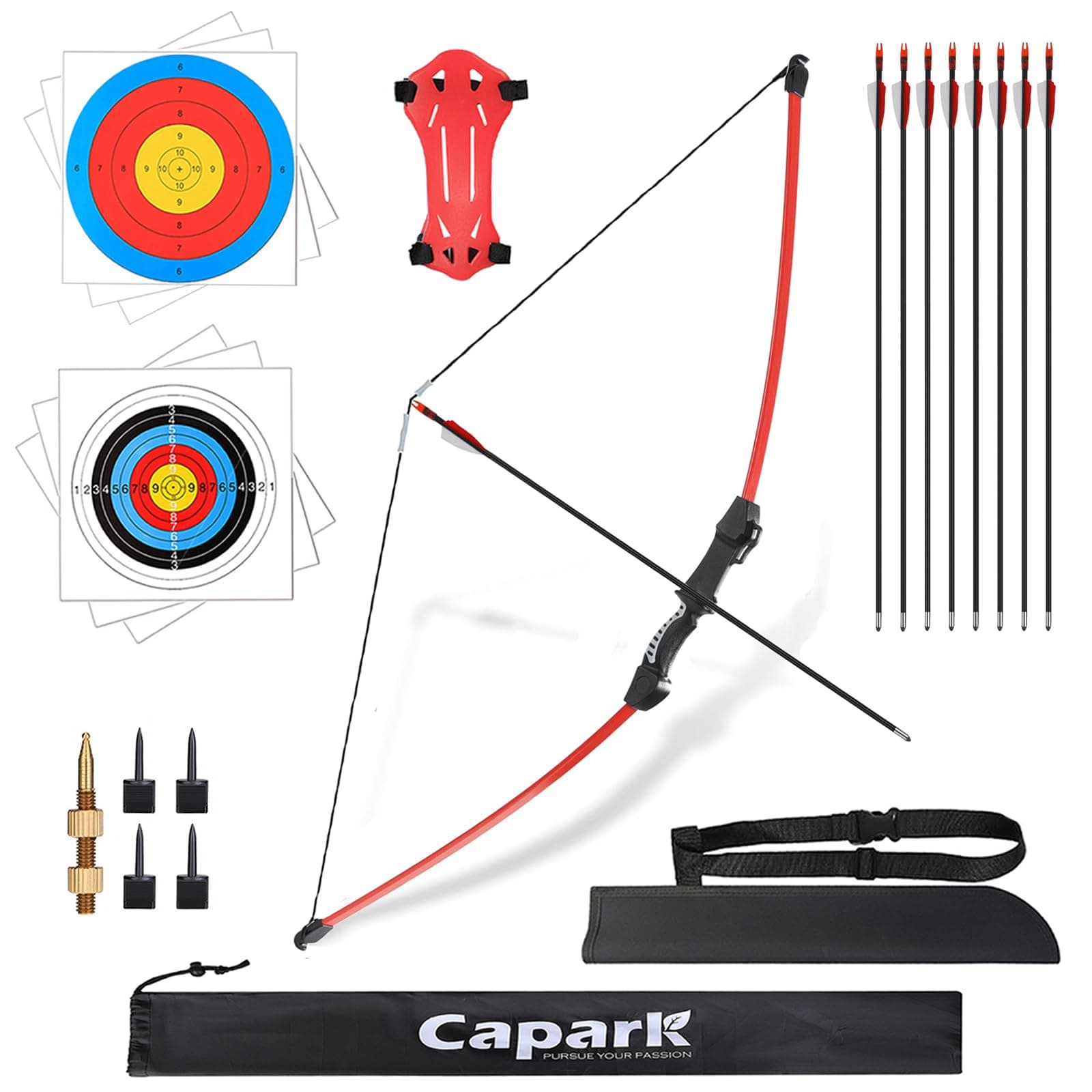 45'' Bow and Arrows Set for Kids 8-12 Teens Recurve Archery Beginner Longbow Kit 8 Arrows 6 Target Face Backyard Games Hunting Toys Gift for Outdoor Sports Age 12-14 14-16