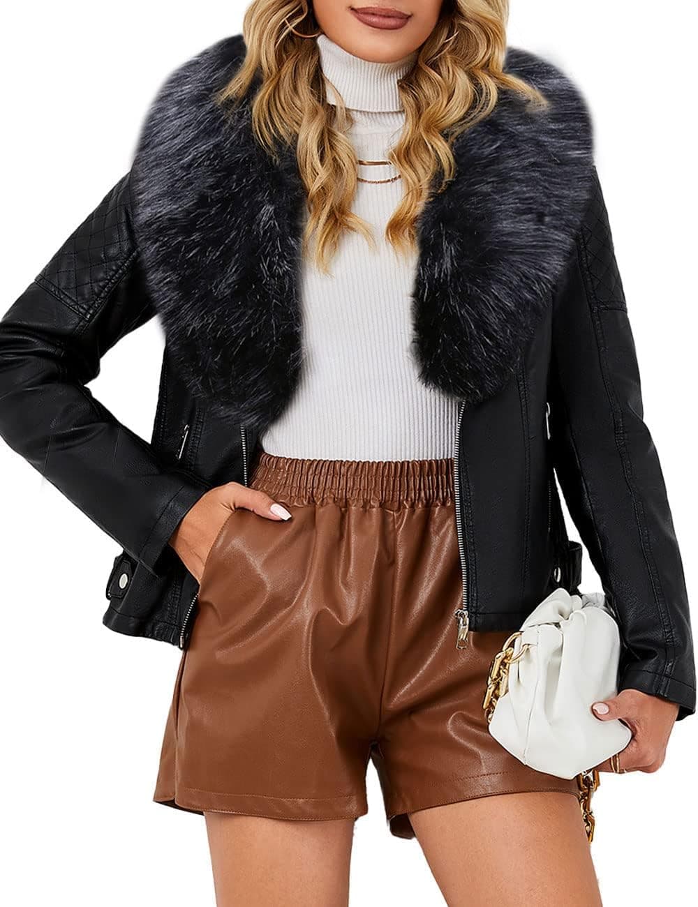 Bellivera Women's Faux Leather Jacket Moto Biker Sherpa-Lined Coat with Removable Fur Collar