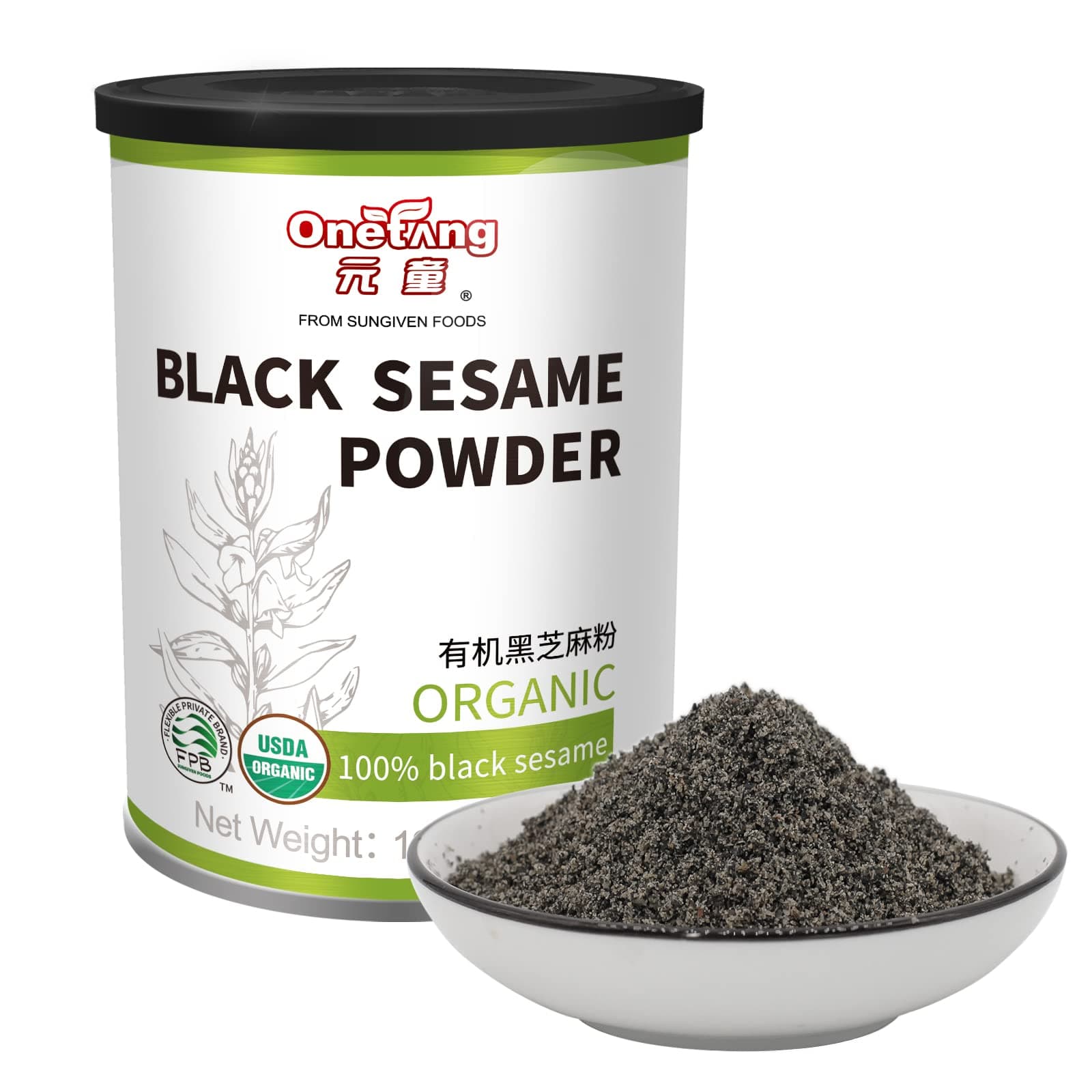 ONETANG Organic Black Sesame Powder,Plant Based,Gluten-Free,Vegan,Protein Source No Sugar,Low Temp Roasted,Halal,Non-GMO,Black Sesame Paste 12.36 Oz (350g)