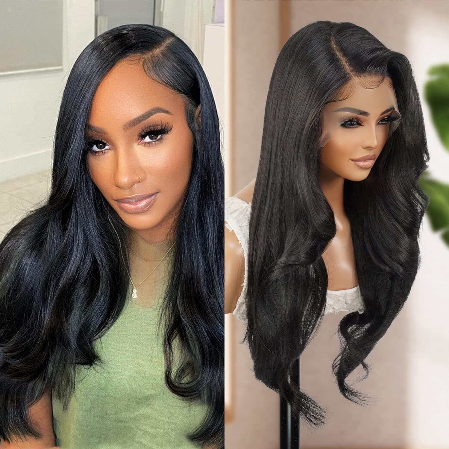- HD Lace Front Straight Curly Wig 13X6 Glueless Invisible Transparent Frontal Wig Long Human Hair Blend PrePlucked Hairline Swiss-Lace Synthetic Wigs - Tastee (28 Inch, 1B-OFFBLACK)