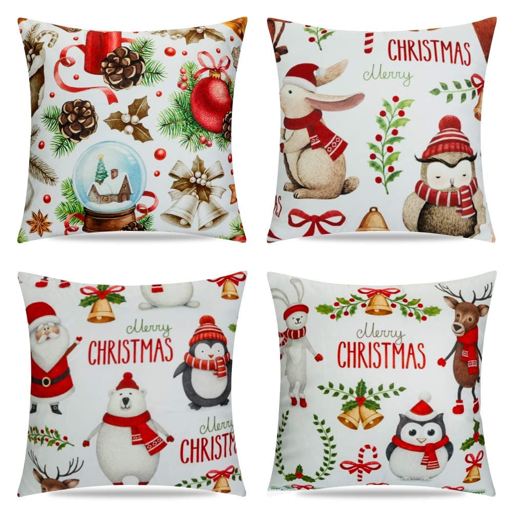 KWLET Christmas Decor Pillow Covers 18x18 Throw Pillow Covers Decorative Pillow Case Sofa Cushion Covers Zippered Square Pillowcase Set of 4