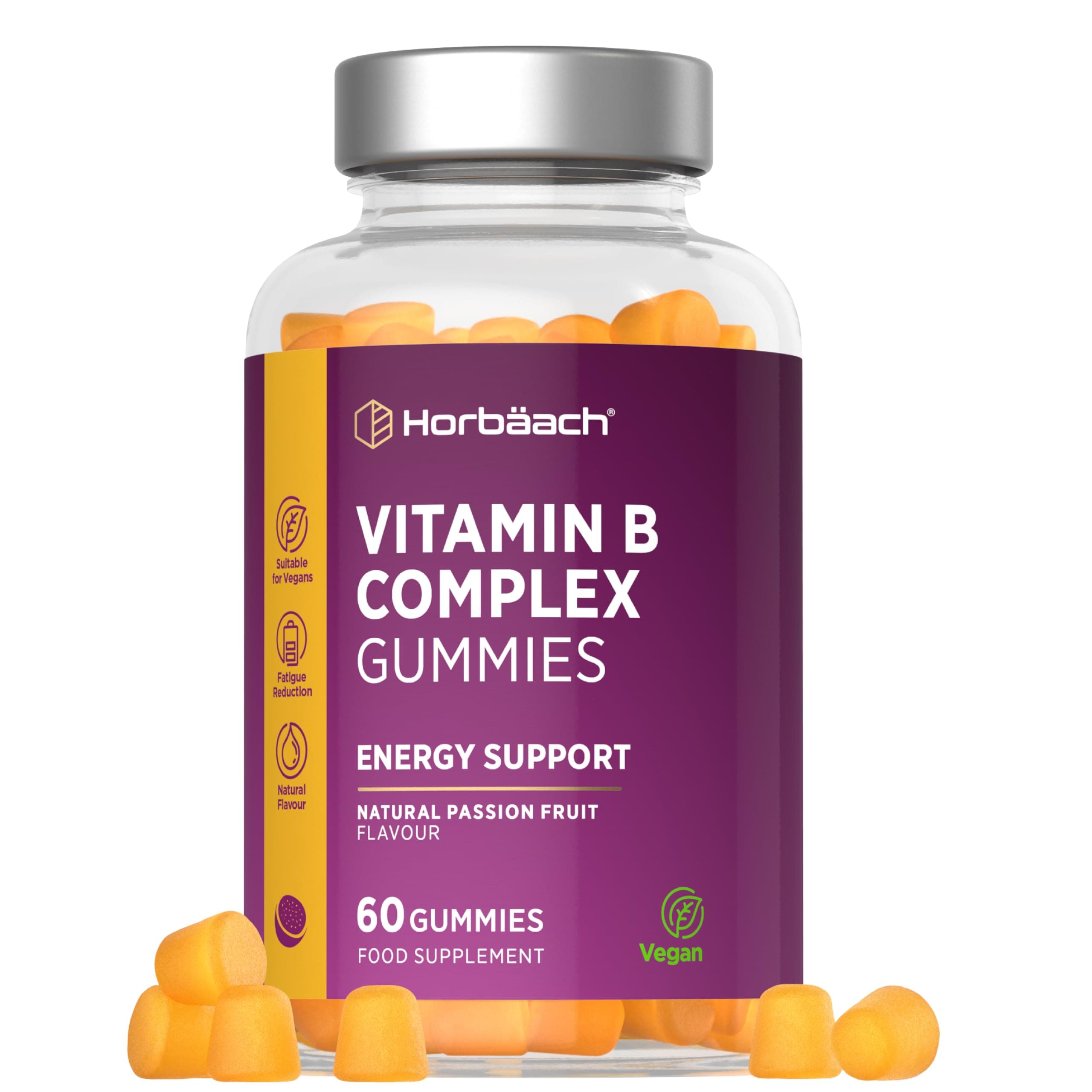 Vitamin B Complex Gummies | 60 Count - Tablet Alternative | High Strength Supplement with Vitamin B12, B6, B12, B2, B3, B5, Biotin, Folic Acid, Zinc and Iodine | Passion Fruit Flavour | by Horbaach
