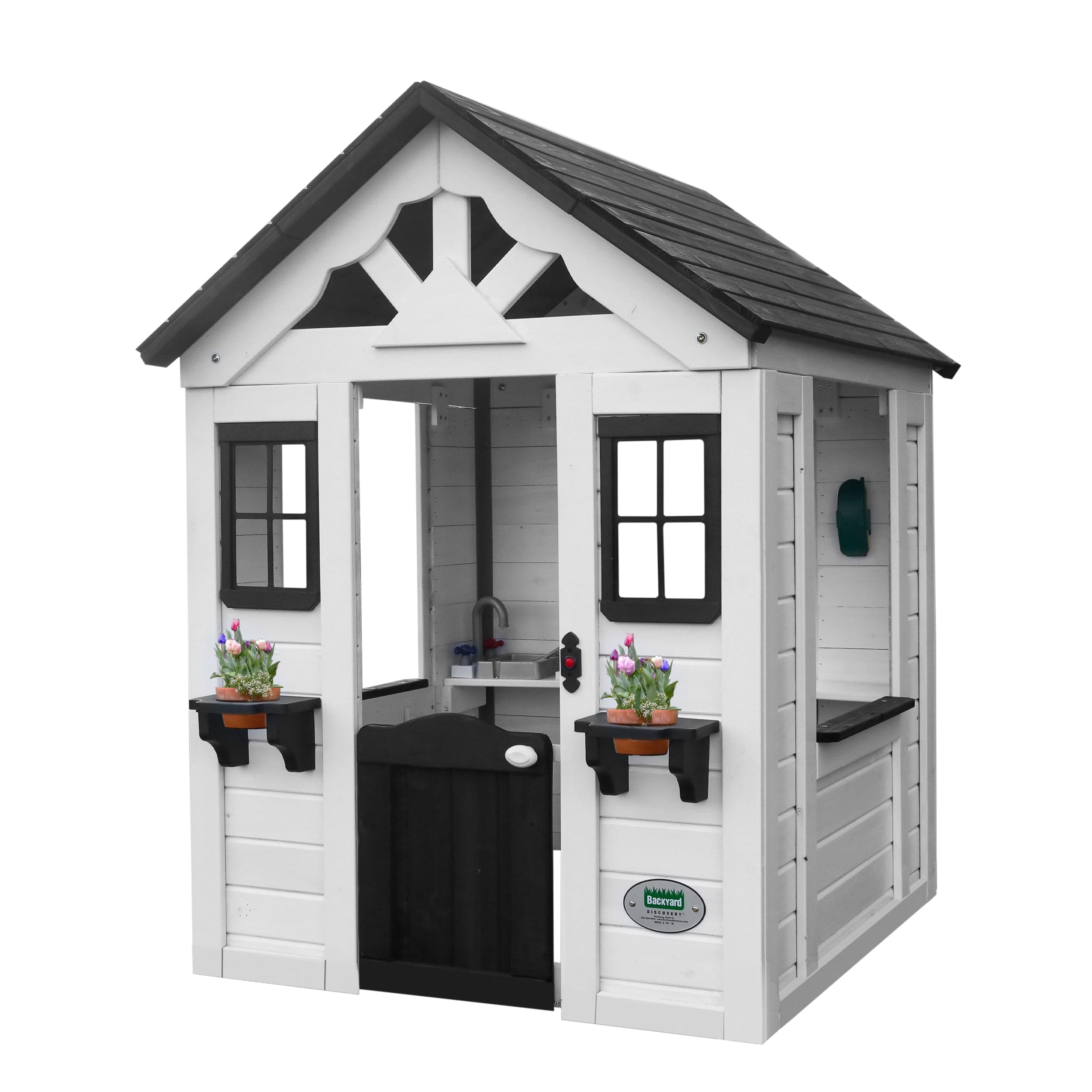 Sweetwater White Cedar Wooden Kids Playhouse Cottage with Play Kitchen, Snack Bar, Half Door, Toy Phone, Windows, Flowerpot Holders, Working Doorbell for Outdoor Imaginative Play