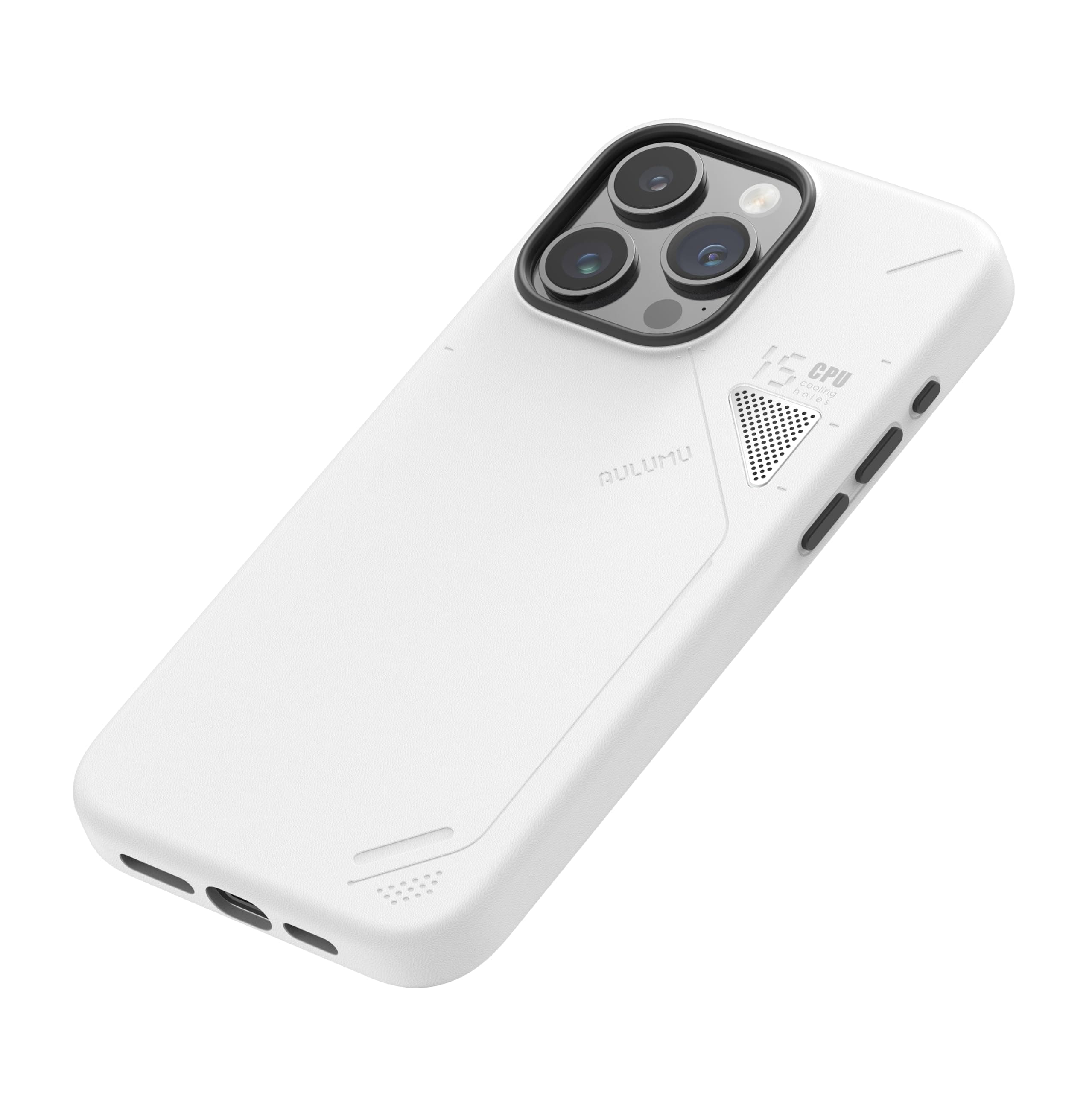 Aulumu iPhone 15 Pro A15 Vegan Leather Magnetic Case [Unique Cooling Window] - Compatible with MagSafe [Metal Individual Buttons] - White