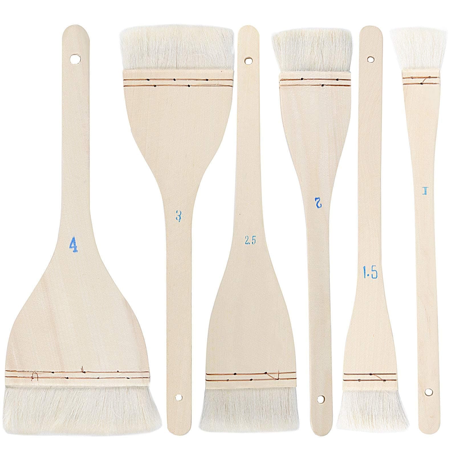 6 PCS 6 Size Flat Hake Brushes, Soft Goat Hair Brush and Hake Paint Brush with Solid Wooden Handle, Hake Brushes Set for Watercolor Pottery Painting Arts