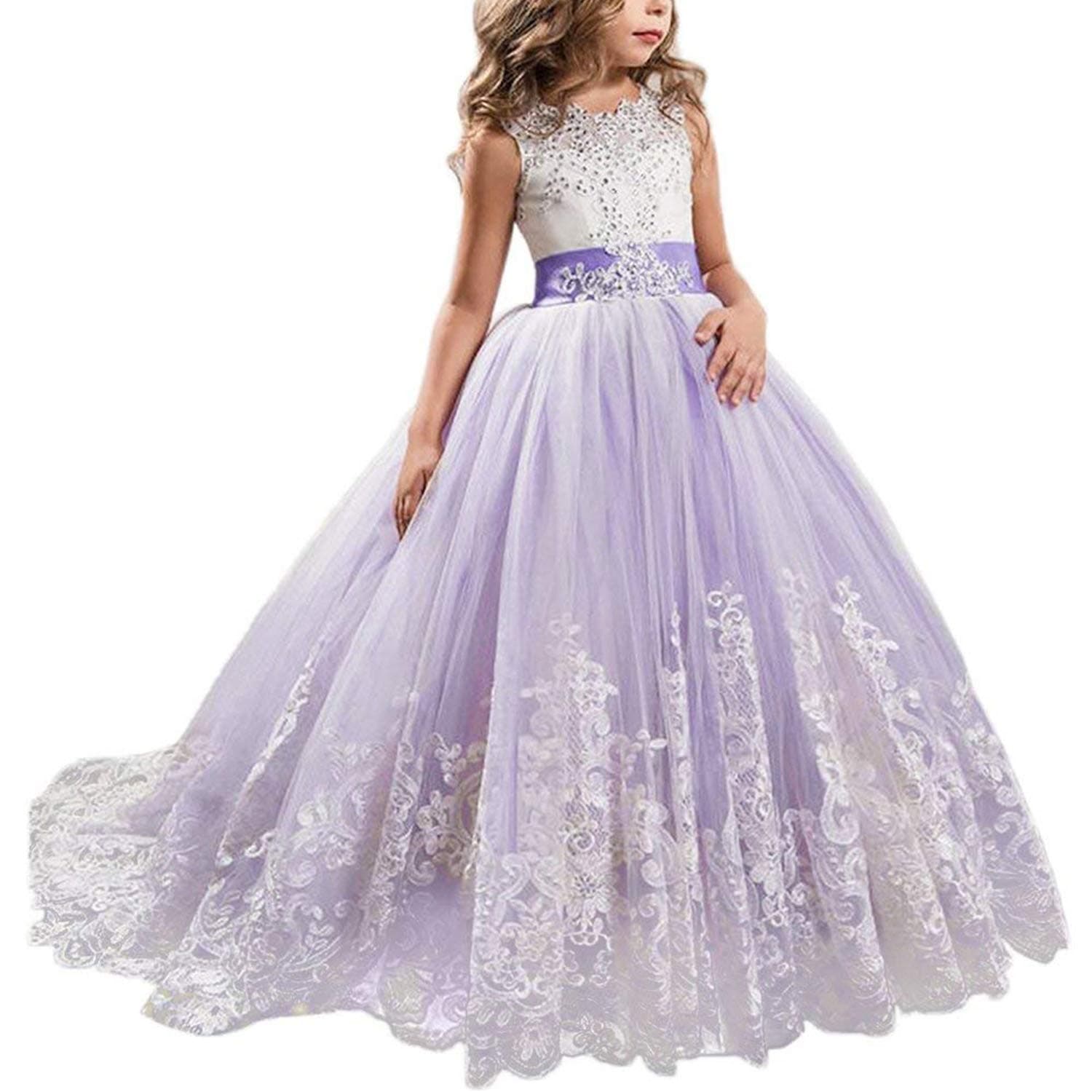Girls Embroidery Princess Dress Wedding Birthday Party Long Tail Prom Gowns