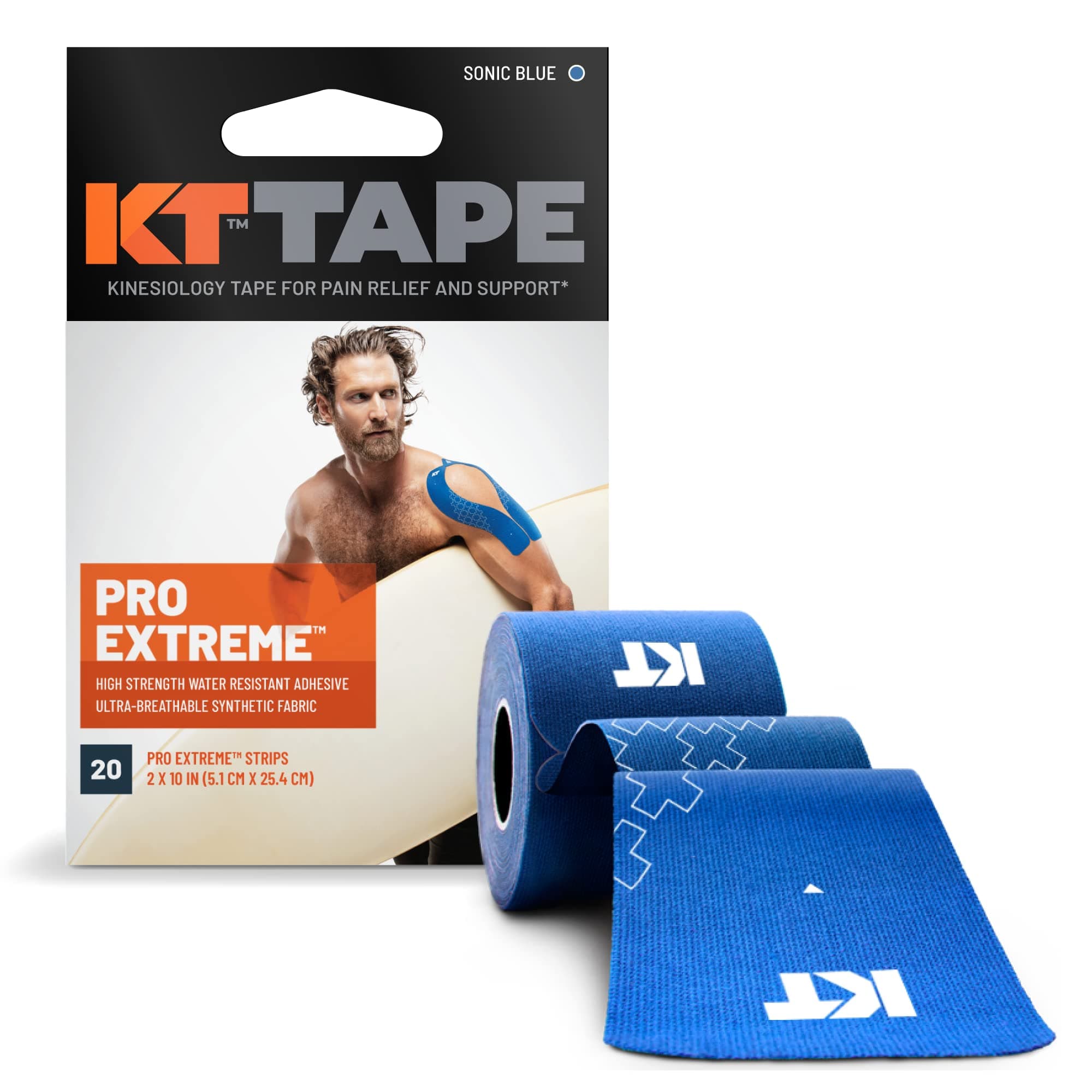 Pro Extreme Therapeutic Elastic Kinesiology Sports Tape, 20 Pre Cut 10 inch Strips, 100% Synthetic Water Resistant Breathable, Pro & Olympic Choice, Sonic Blue