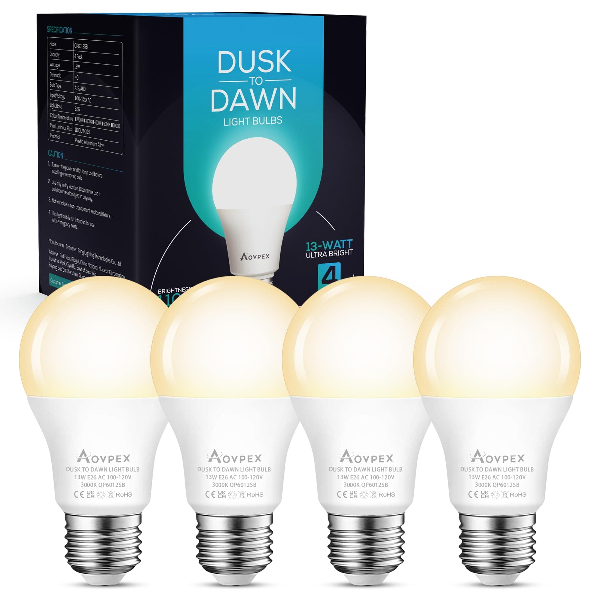 Dusk to Dawn Light Bulbs 4 Pack, Outdoor 13W Ultra Bright(100W Equivalent), A19 E26 2700K Soft White Lightbulb Built-in Smart Photocell Sensor, Auto ON/Off Bulb for Porch, Garage, Front Door, Patio