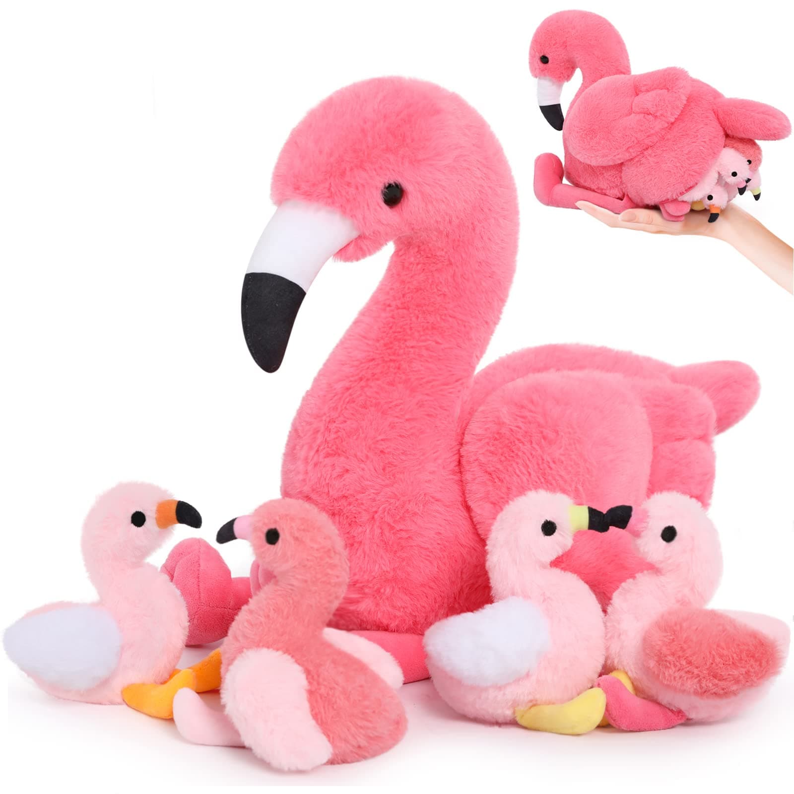 MorisMos 18 Inch Mommy Flamingo Stuffed Animal with 4 Baby Bird Plush Toys Inside Zipper Tummy, Pink Flamingo Plush Toy Gift for Girl Women Decor Birthday Christmas