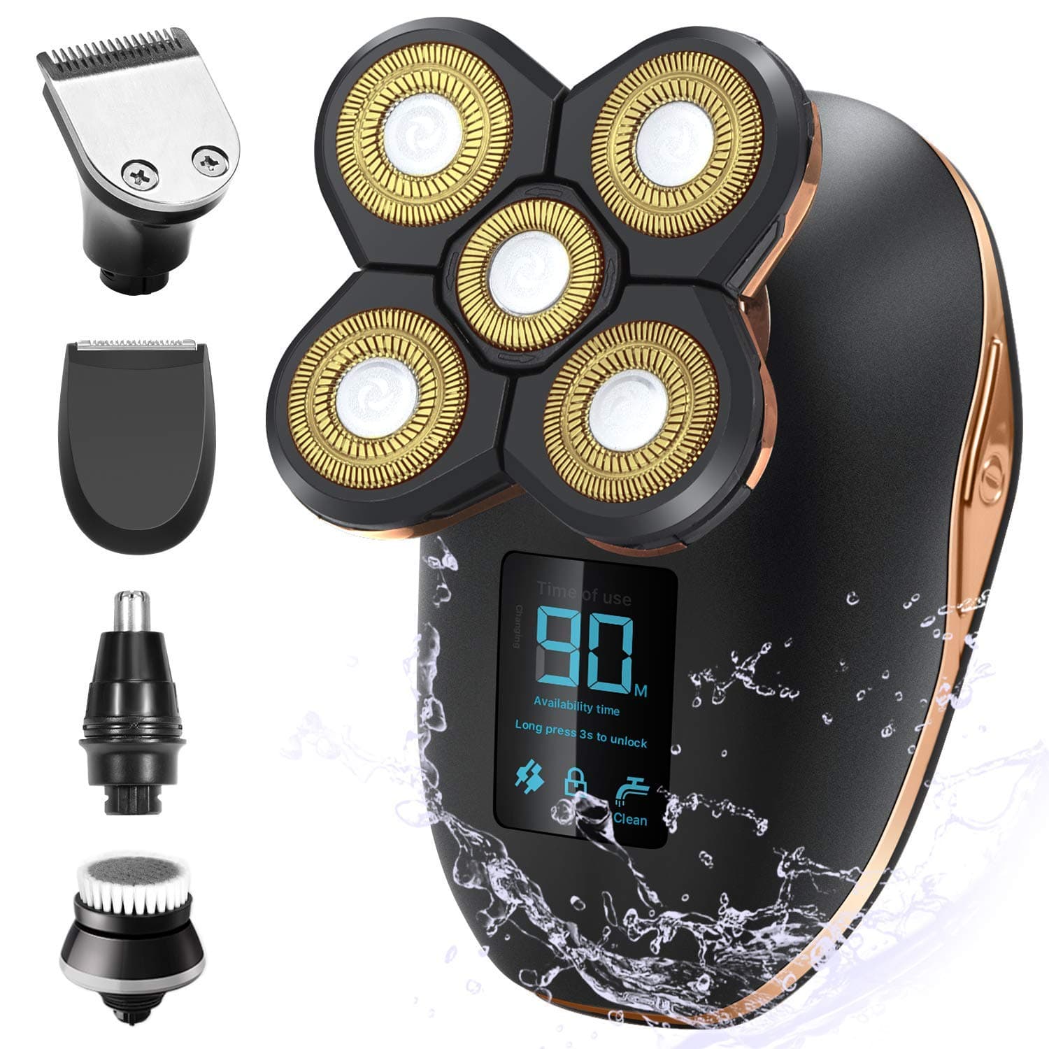 Electric Shaver for Men Grooming Kit, Cosyonall 5 in 1 Electric Razor Cordless Waterproof Wet Dry Rotary Bald Head Shaver Nose Trimmer Facial Cleansing Brush, USB Rechargeable with LED Display