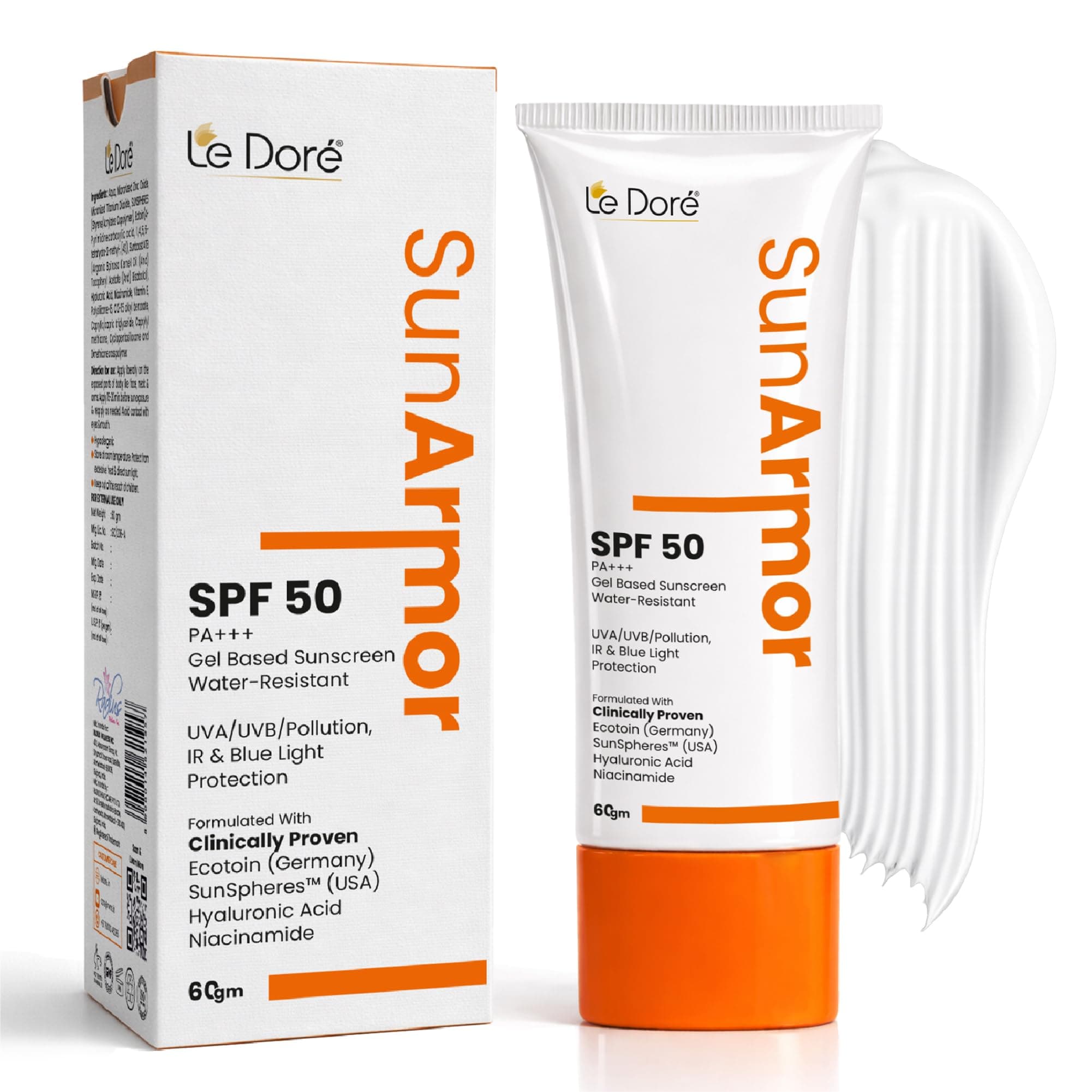 Le Dore Sunarmor SPF 50 PA+++ Gel Sunscreen | Broad Spectrum Protection from UVA/UVB, IR, Blue Light & Pollution | Lightweight, Non-Greasy & Hydrating | With Hyaluronic Acid & Antioxidants | 60g