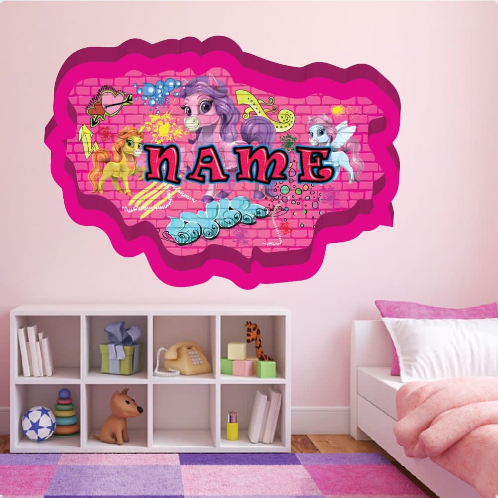 GRAFFITI PERSONALISED NAME Unicorn Crack 002 Wall Girls Room Wall Sticker Decals- REPOSITIONABLE Fabric REMOVABLE Vinyl Nursery Kids Room Children Bedroom Wall Art Printed Stickers Home Décor Mural Kindergarten Wall Decoration