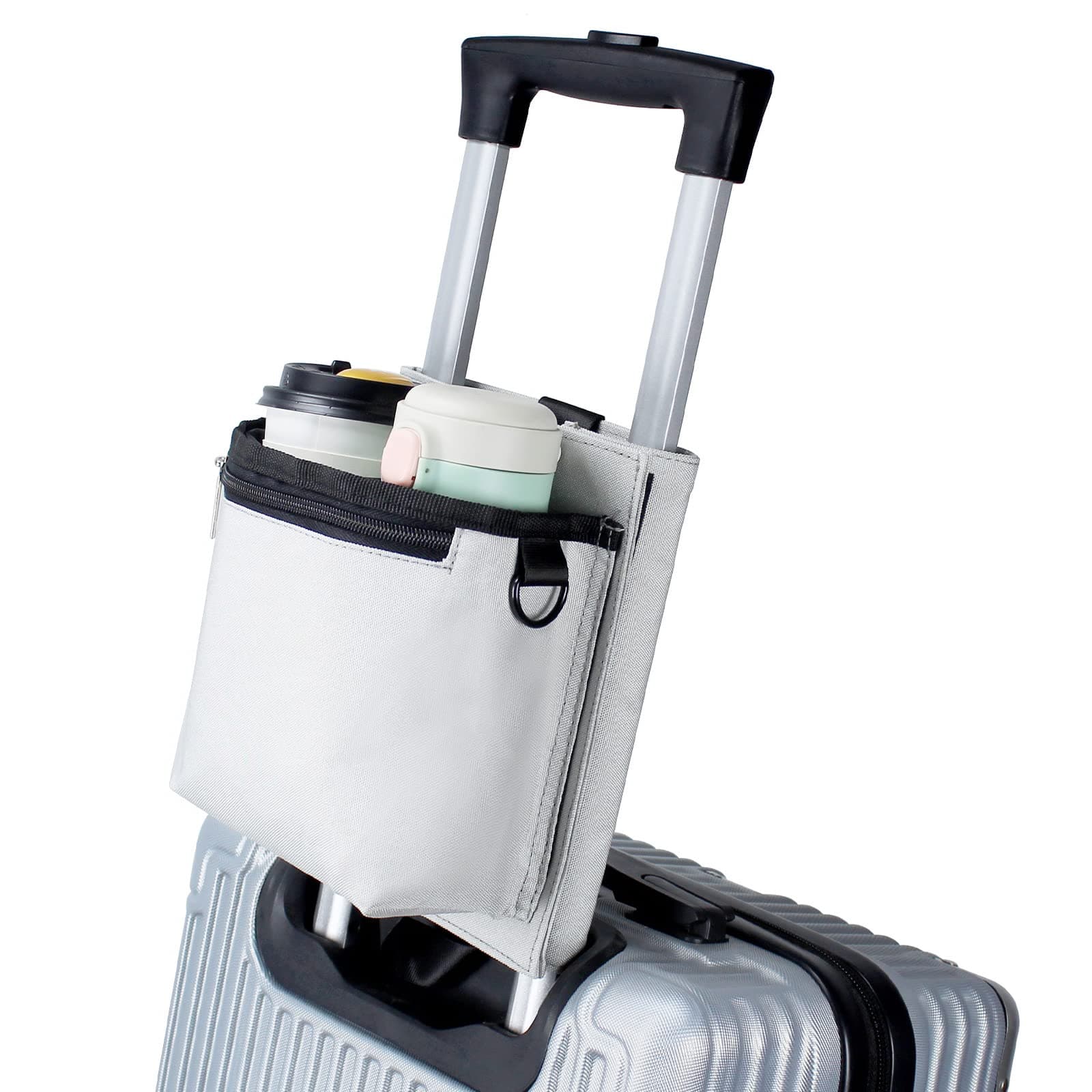 Luggage Travel Cup Holder with Luggage Straps Free Hand Drink Caddy Beverage Holder Travel Accessories Gift for Flight Attendants Businessmen Travelers Fits Roll on Suitcase Handles Light Grey