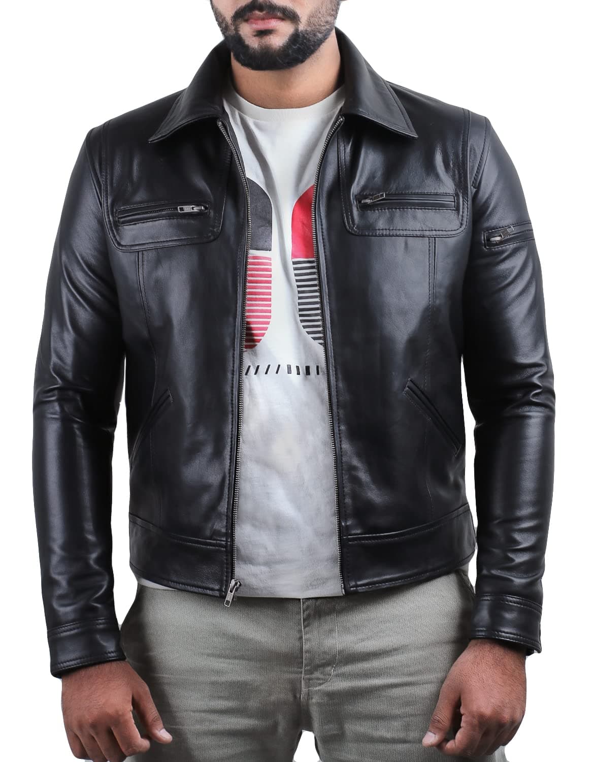 Men's Genuine Lambskin Leather Jacket (Black, Biker Jacket) - 1501200