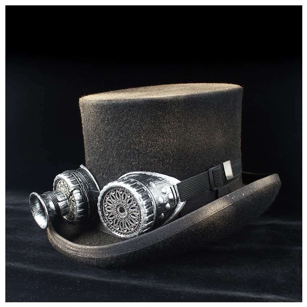 Opled Wool Magician Hat Men Women Topper Top HatT with Gear Glasses Fedoras Rock Band Hat Retro Spray Paint Steam Punk (Color : Black, Size : 55cm)