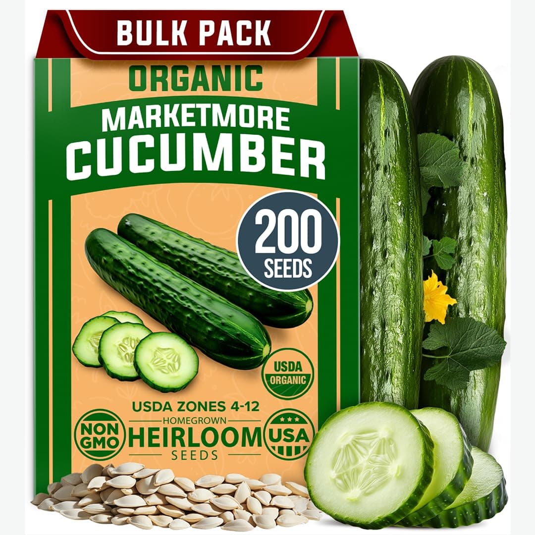 Organic Marketmore Cucumber Seeds 200+ Heirloom Non-GMO Seeds for Planting, High Germination, Hardy & Vigorous Slicing Cucumber, Trellis & Raised Bed Garden (Cucumis sativus)