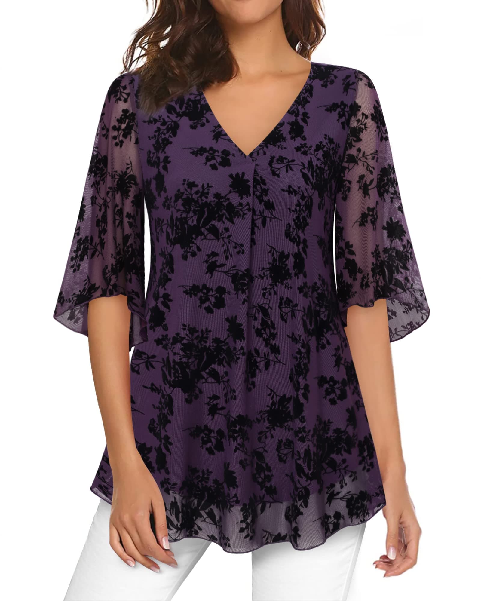 Bebonnie Womens Bell Sleeve V Neck Floral Mesh Flowy Blouses Dressy Tops