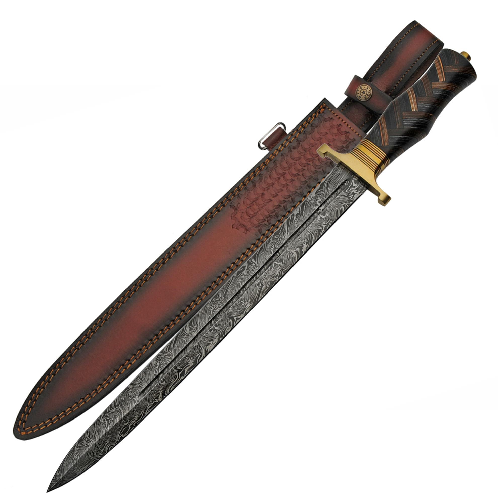 SANZ Damascus 21” Exotic Braided Short Sword – Hunting Swords for Adults with Firestorm Pattern Damascus Steel Blade with Blood Groove, Brass Guard, Sheath, Braided Walnut & Olive Wood Handle