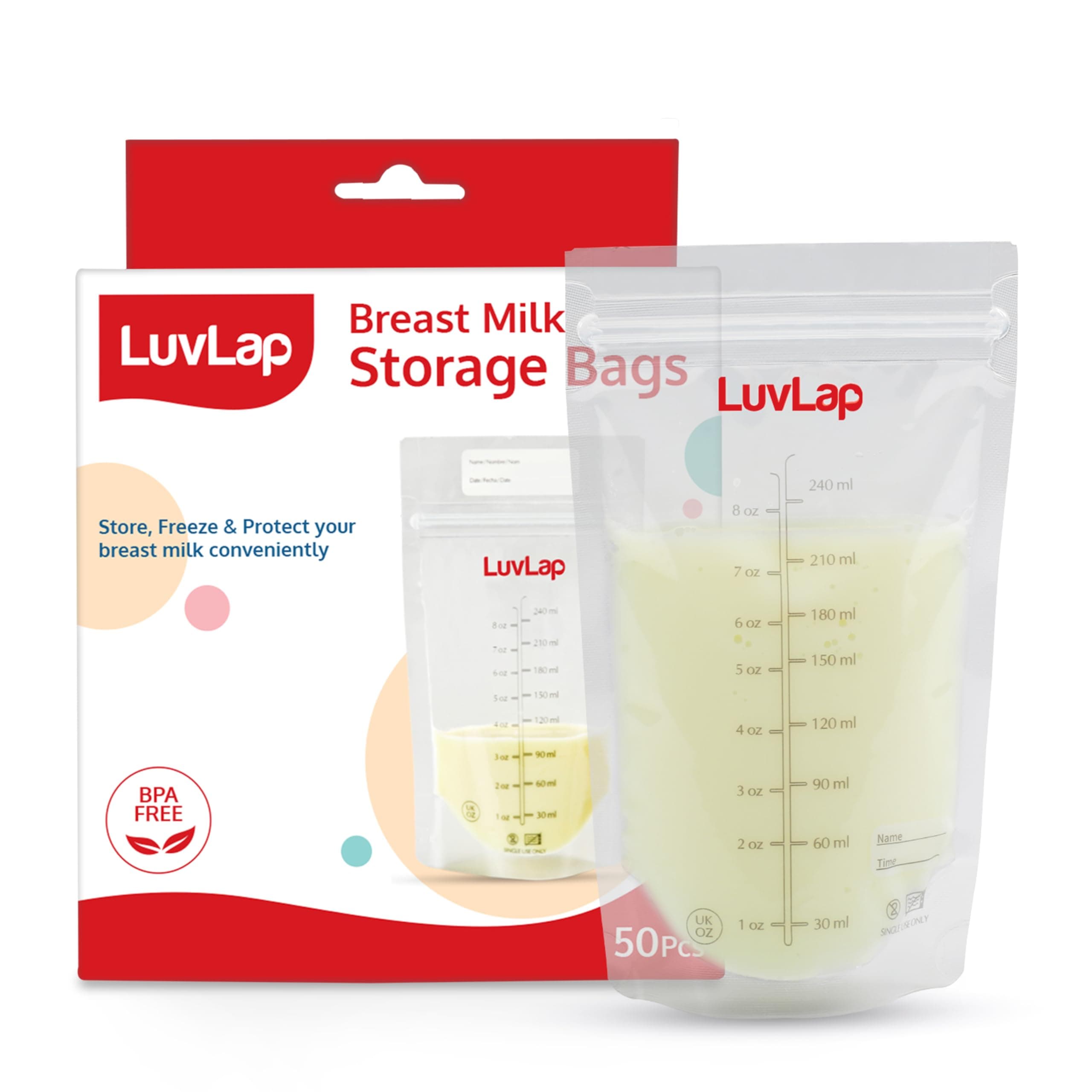 LuvLap Baby Breast Milk Storage Bags 240 ml (Pack of 50), BPA Free BPA Free Leak Proof Zip Lock Disposable Milk Freezer Bags for Breast Feeding