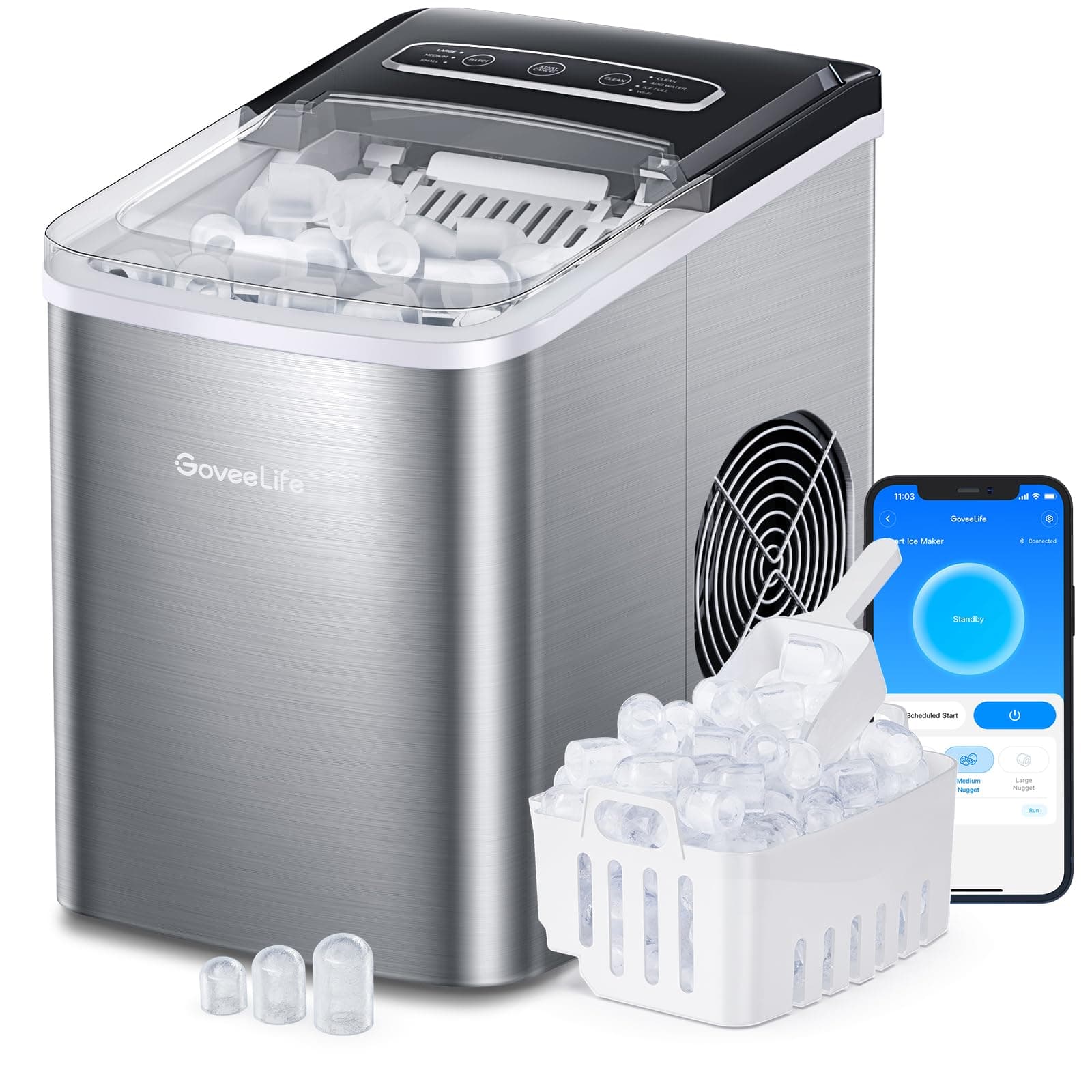 - Smart Countertop Ice Makers, Portable Ice Maker Machine with Self-Cleaning, 6 Mins 9 Bullet Ice, 26lbs/24Hrs, Voice Remote for Home Kitchen Party Camping, with Ice Scoop Stainless Silver