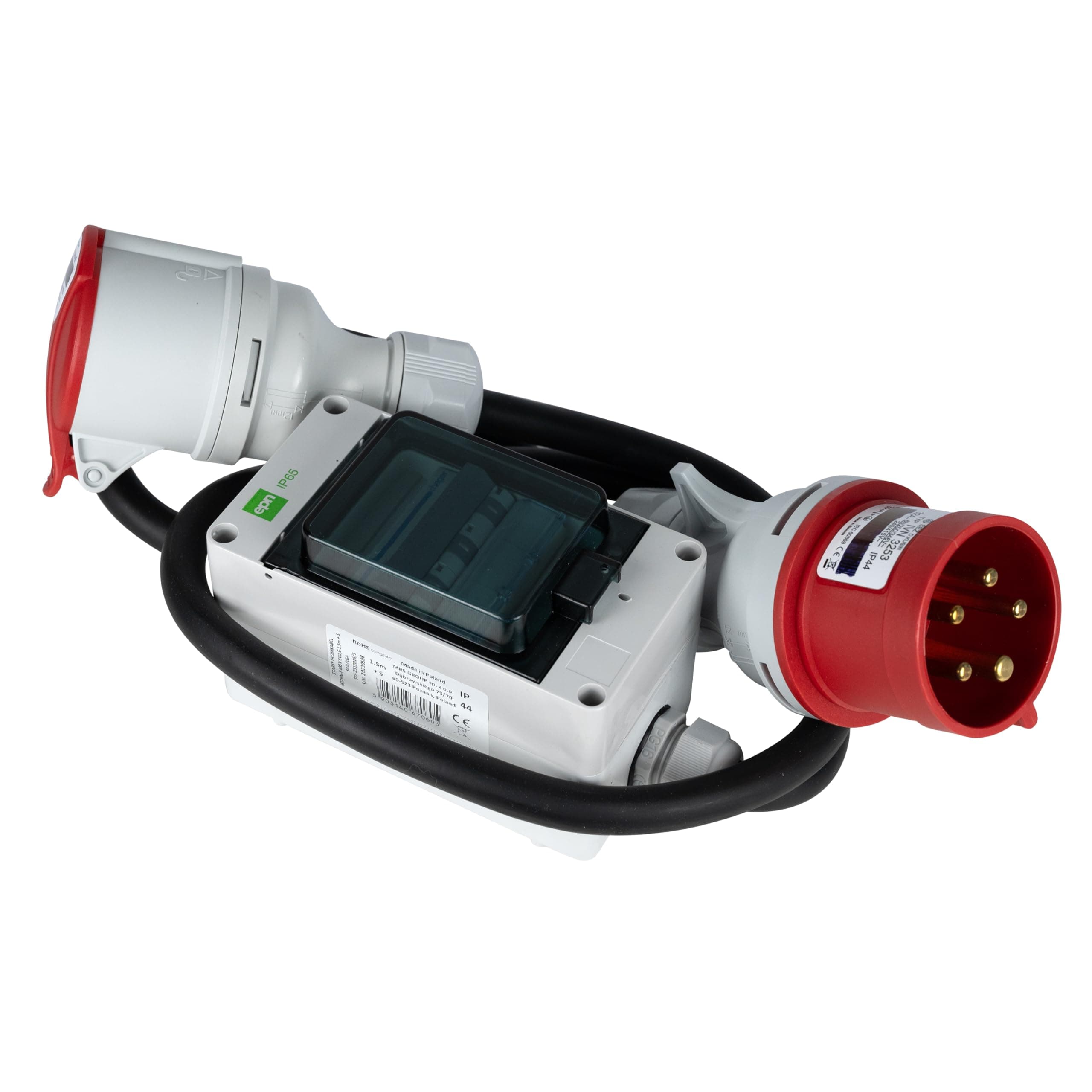 231201/S Stecker und Steckdose 5x2,5mm mit 3 Sicherungen je 32A auf 16A CEE Starkstrom Adapter, 6400 W, 1000x80x100