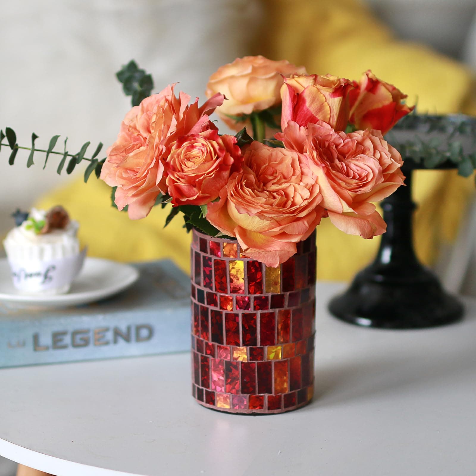 Etolies Handmade Red Mosaic Bud Glass Vase for Home Decor Centerpiece - Decorative Small Glass Flower Vase for Office, Living Room, Kitchen .Valentine's,Christmas Table Centerpiece,Party Decor 1 PC